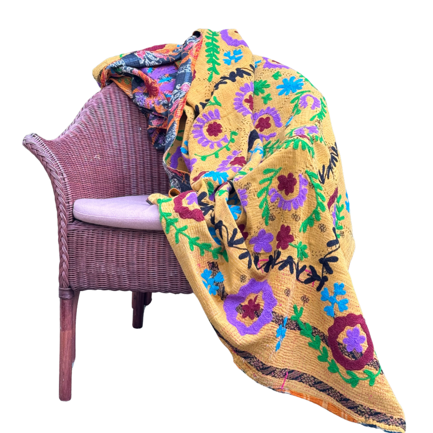 Vintage Kantha I | Hand-stitched Textile with Floral Embroidery