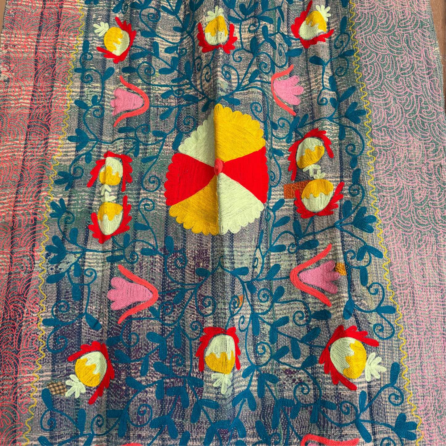 Kantha | Hand-Stitched Lightweight Cotton in Teal, Coral & Sunshine Floral Motif