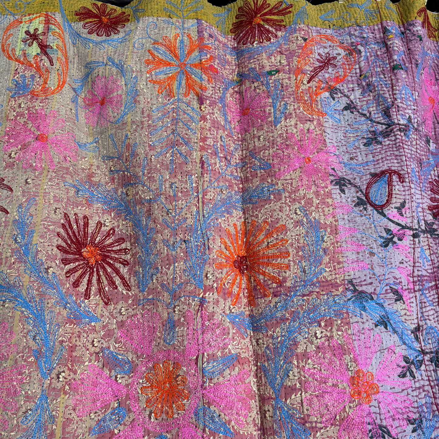 Kantha | Hand-Stitched Textile in Pink & Orange Floral Motif