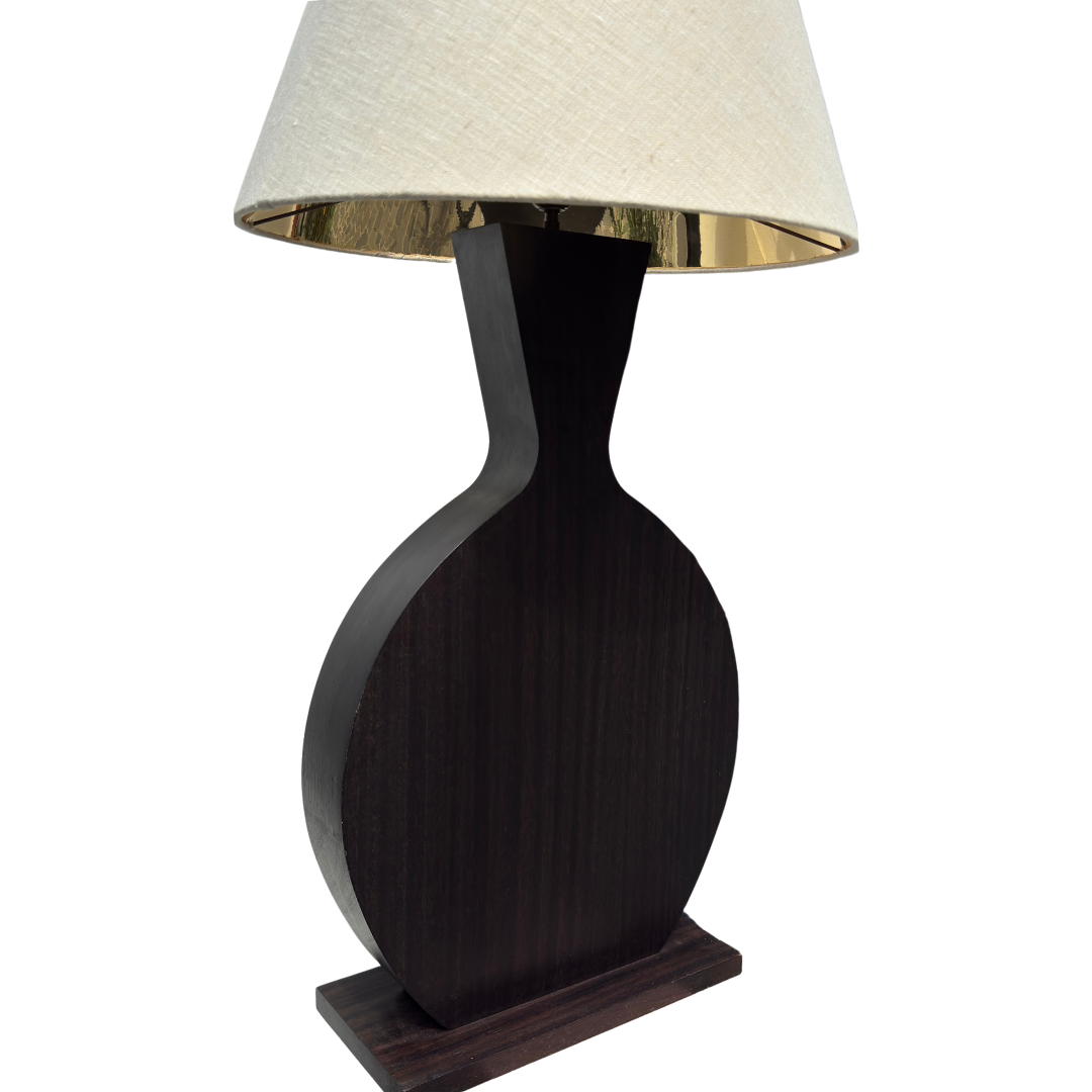 Dark wood lamp base, circular form with pinched neck, Roche Bobois era lighting.