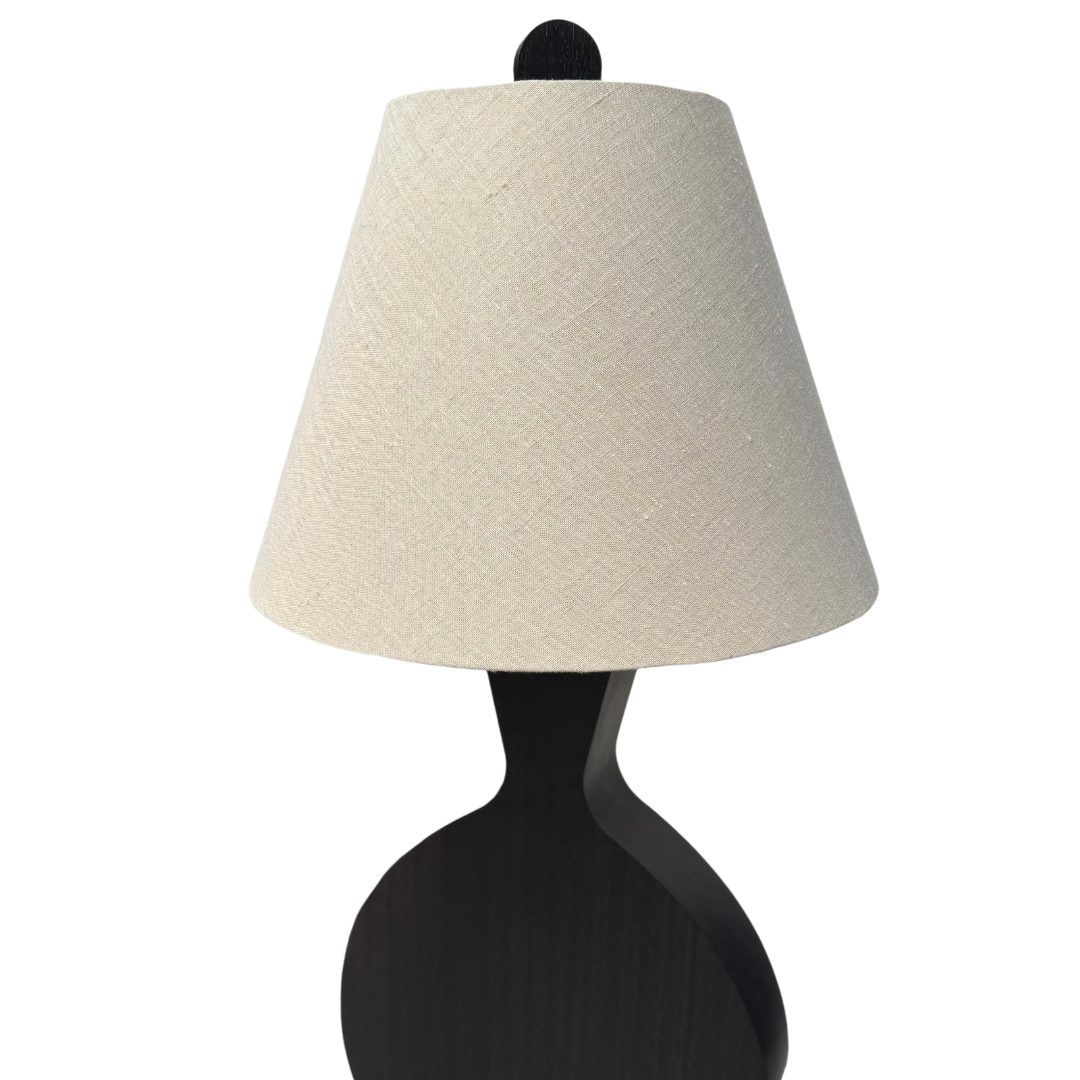 Linen lampshade with wooden top finial, modernist lamp, France, c. 1980.