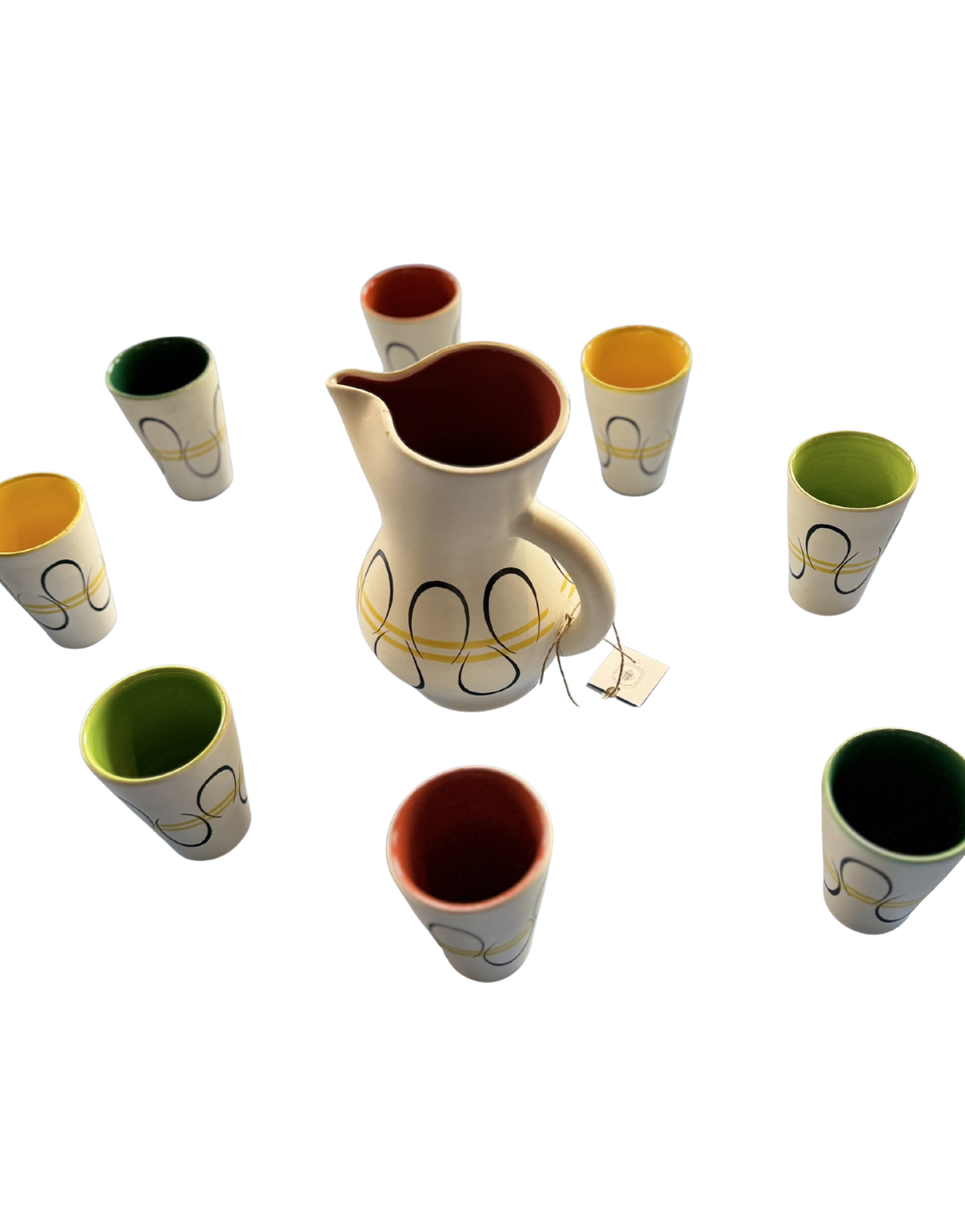Signed pitcher and 8 cups by André Baud, hand-painted modernist design.