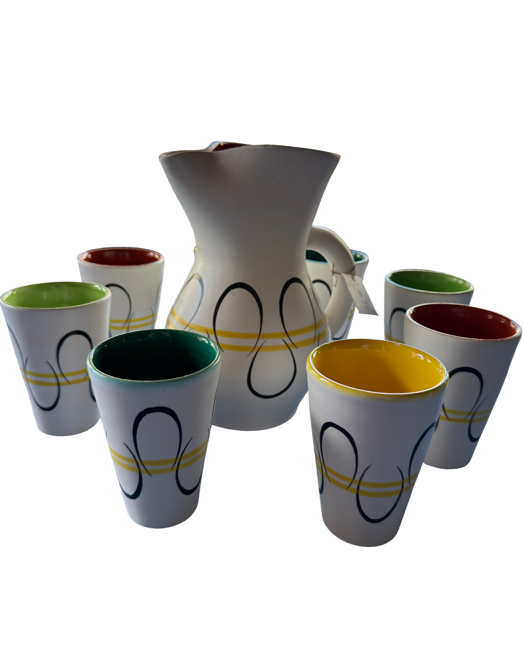 André Baud ceramic orangade set with colorful glazed interiors, Vallauris 1950s.