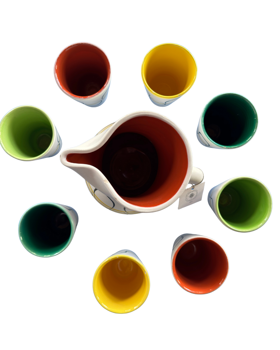 André Baud ceramic orangade set with colorful glazed interiors, Vallauris 1950s., top vieuw