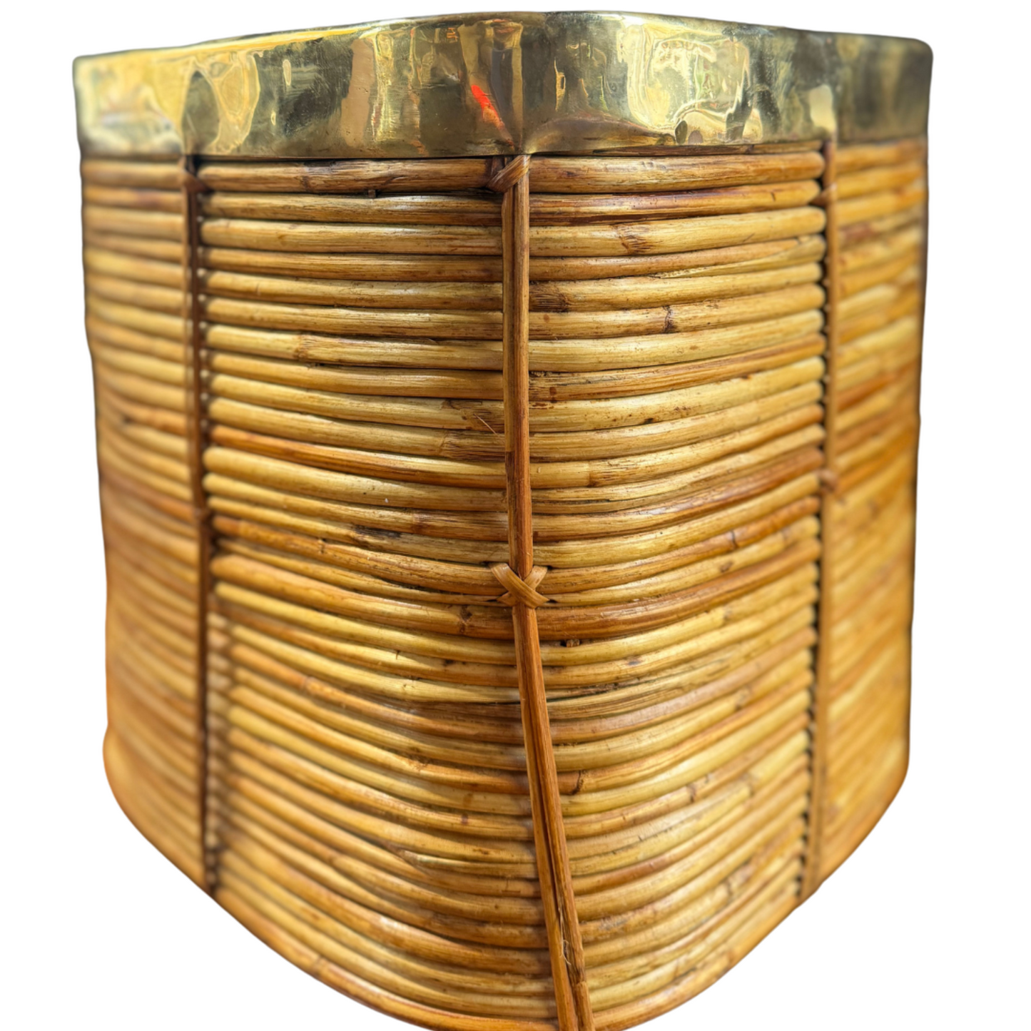 Close-up of intricate handwoven rattan cane texture on basket side