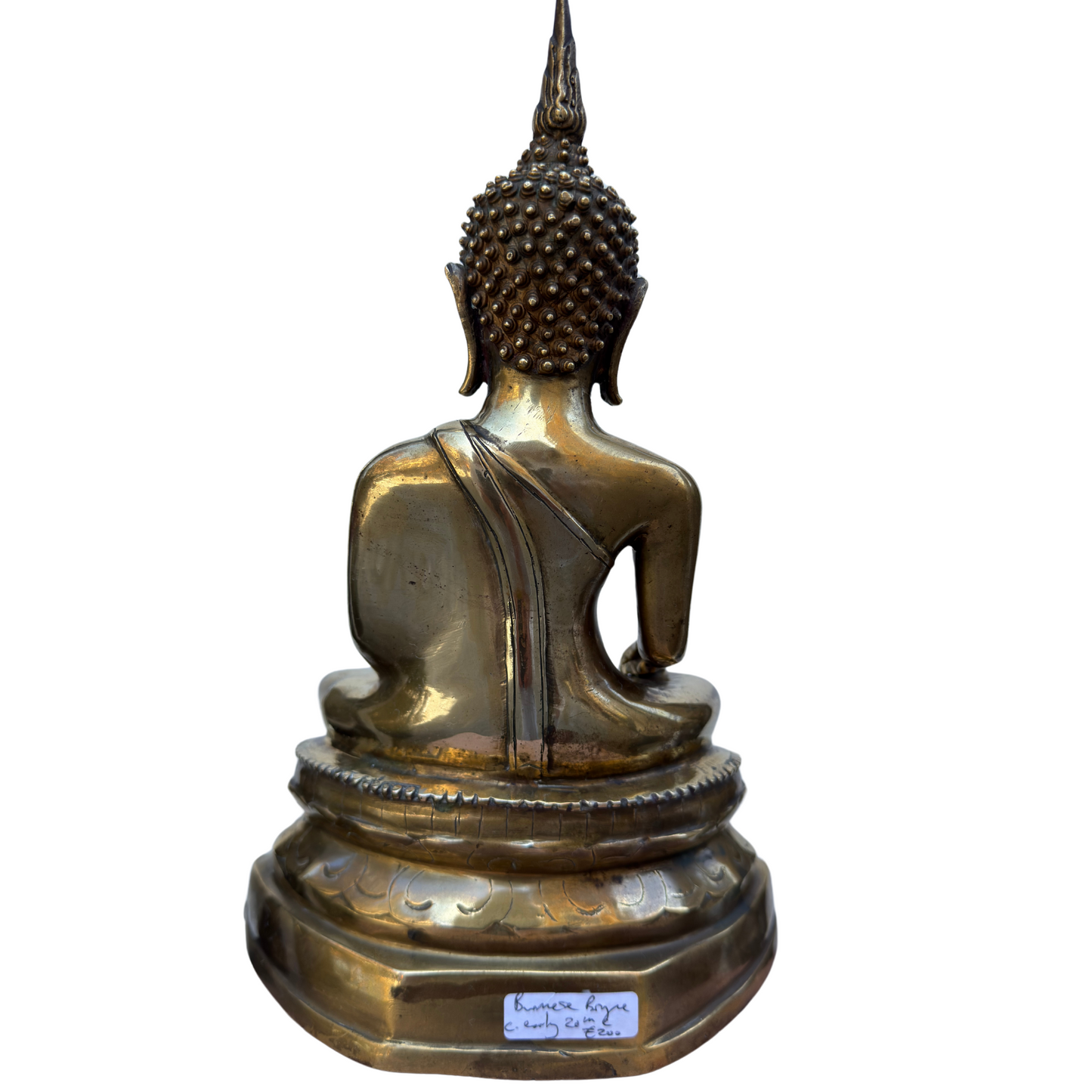 Rear view of Buddha statue highlighting spiral hair curls and robe drape