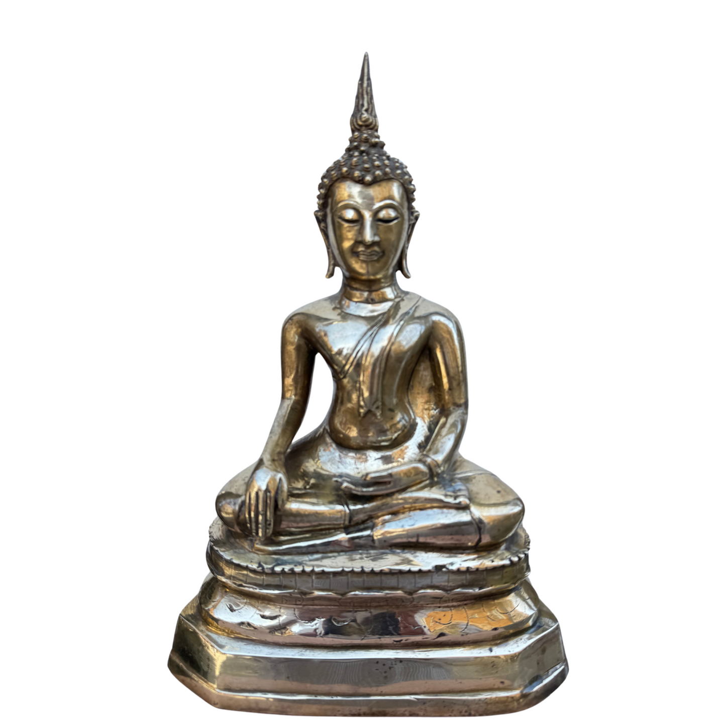 Front view of seated Burmese bronze Buddha with ushnīsha and meditation posture