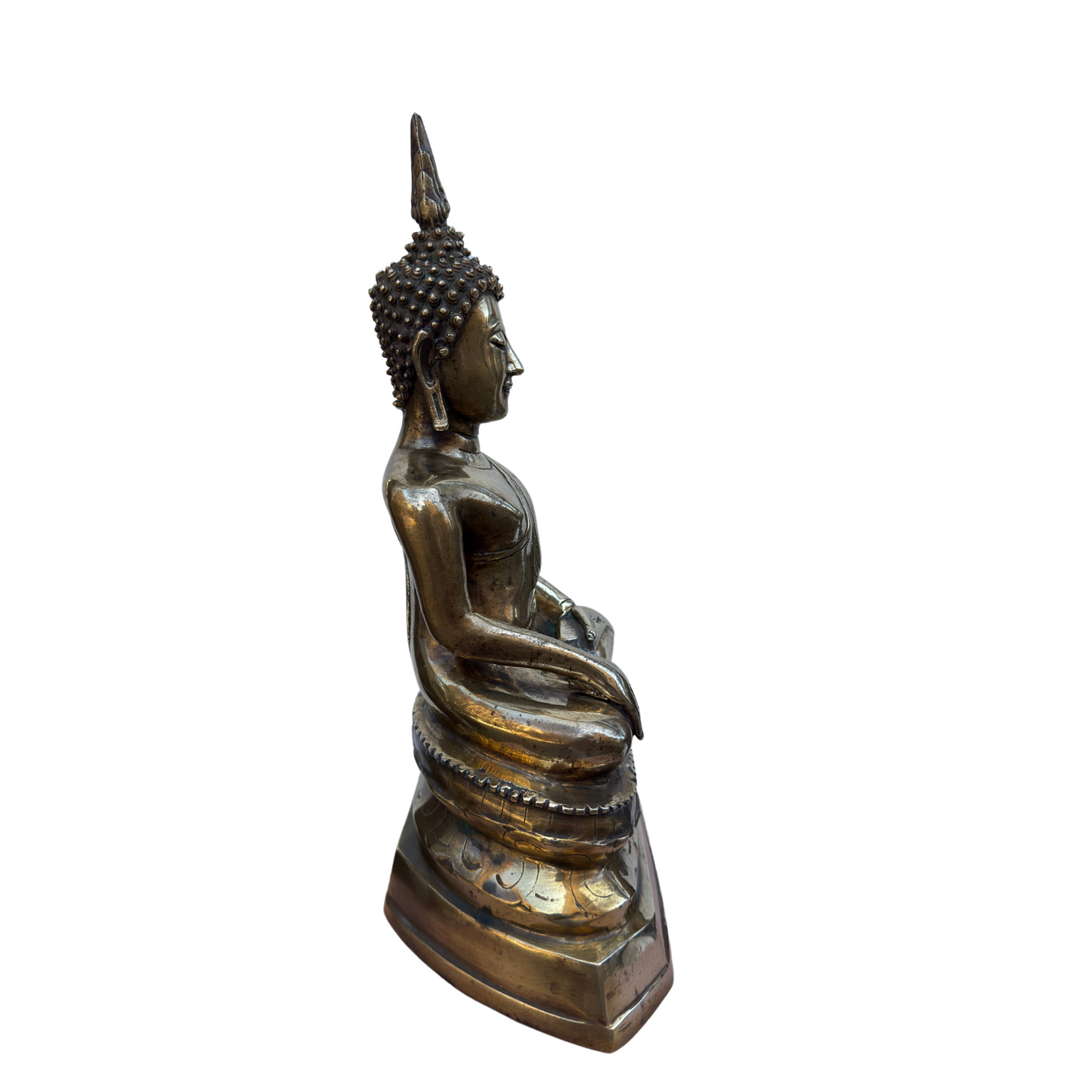 Side profile right showing draped robe folds and serene expression of bronze Buddha
