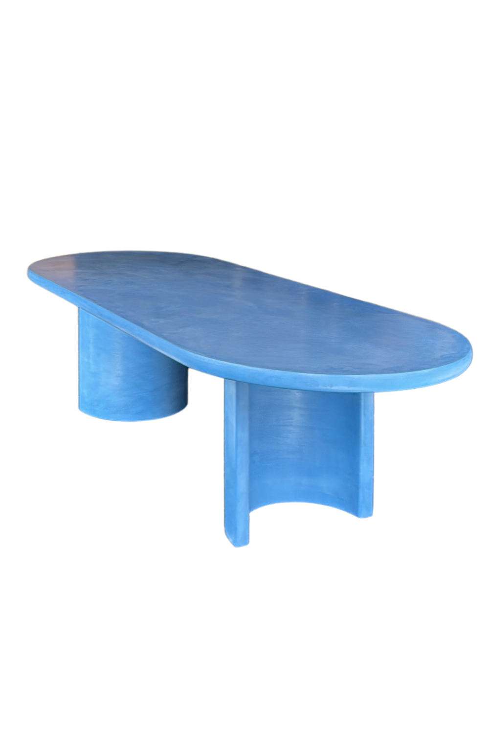 Custom blue microcement table by Correl (Wim Coucke) and Maaike Selects. Handmade, minimalist, and available in bespoke colors.