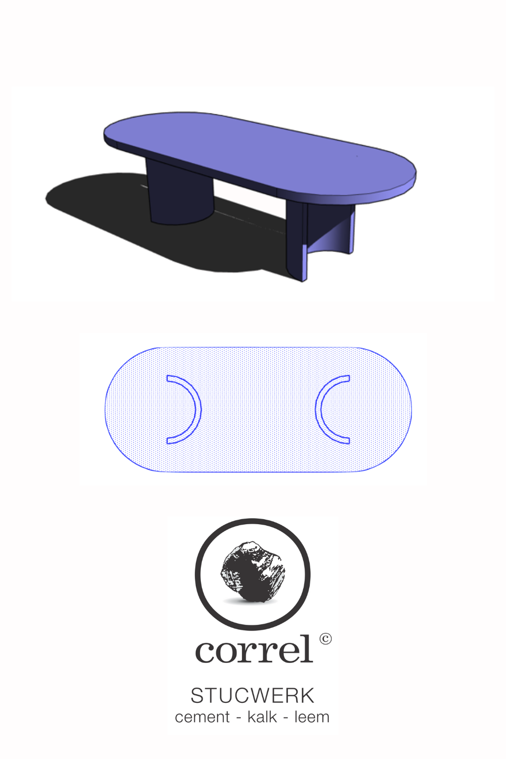 Custom blue microcement table by Correl (Wim Coucke) and Maaike Selects. Handmade, minimalist, and available in bespoke colors.