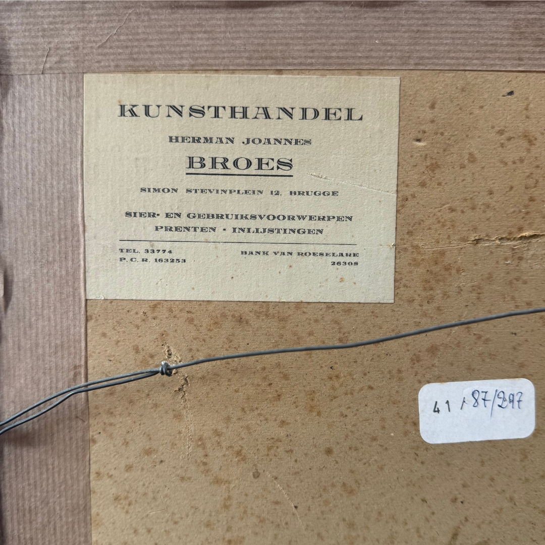 Originele achterzijde van aquarel ingelijst door Kunsthandel Broes, Brugge
