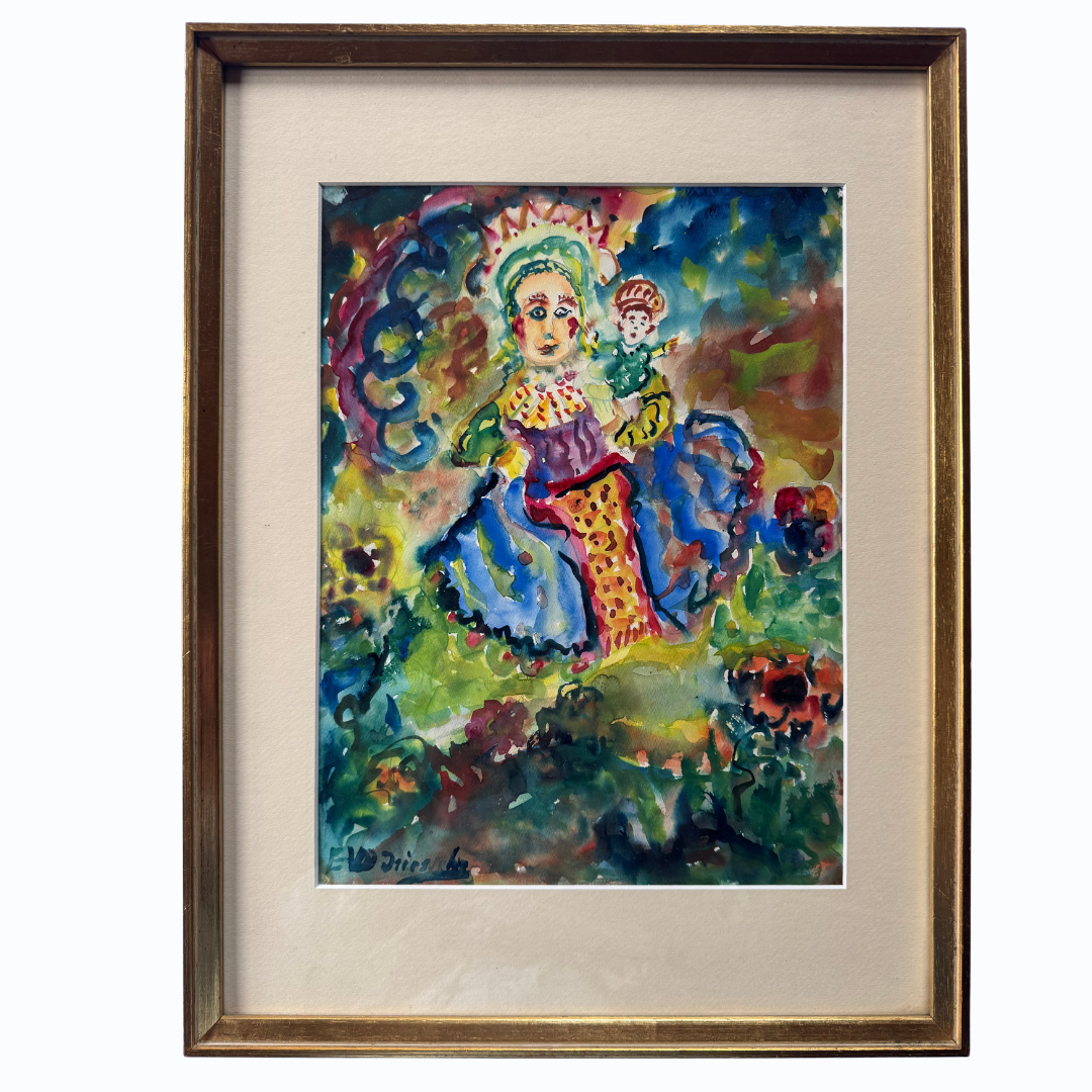Aquarel Madonna met Kind door Ernest Van den Driessche, ca. 1970, ingelijst met originele achterkant, naïeve kunst uit België.