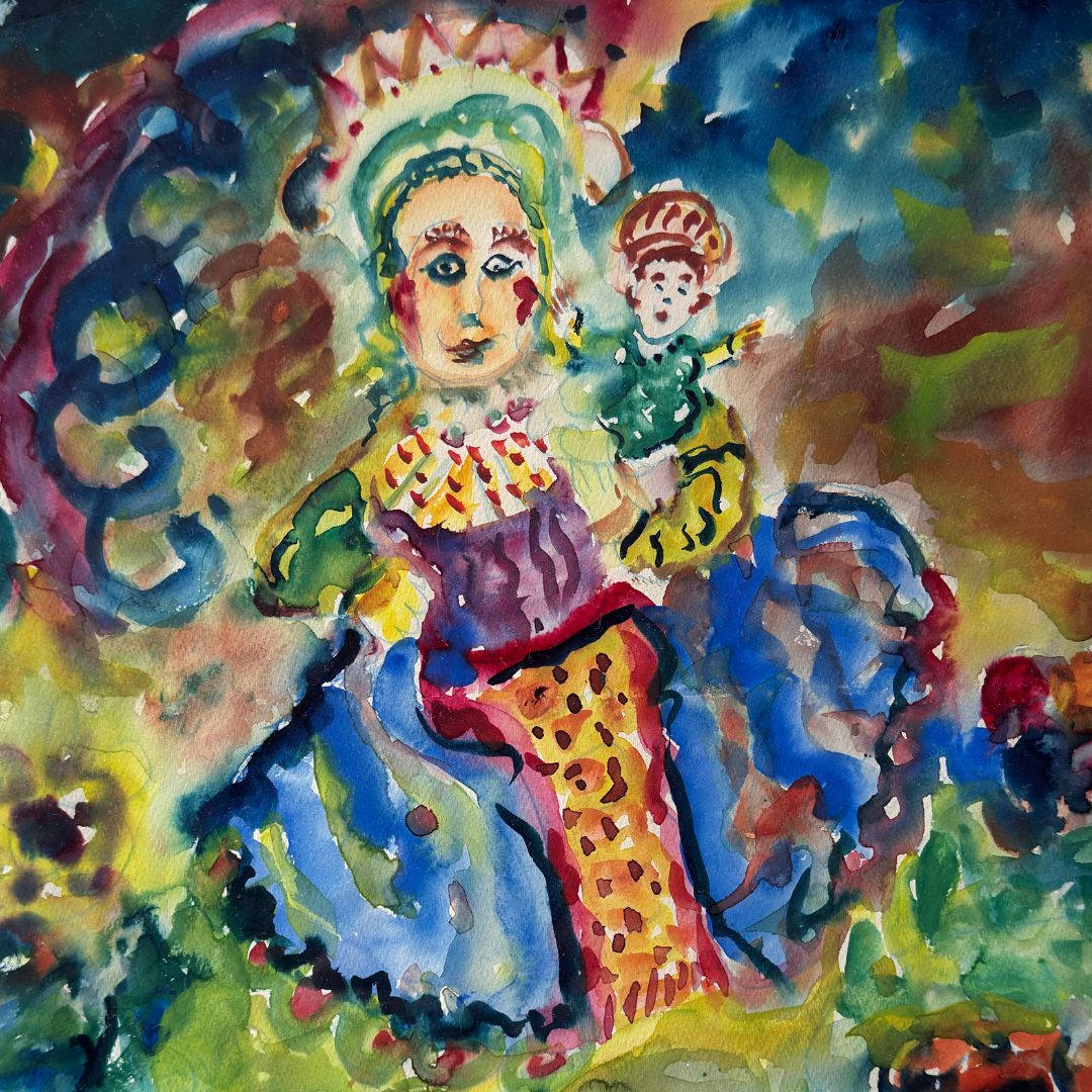 Losse aquarel op papier, Madonna met Kind in levendige kleuren, Ernest Van den Driessche, ca. 1970.