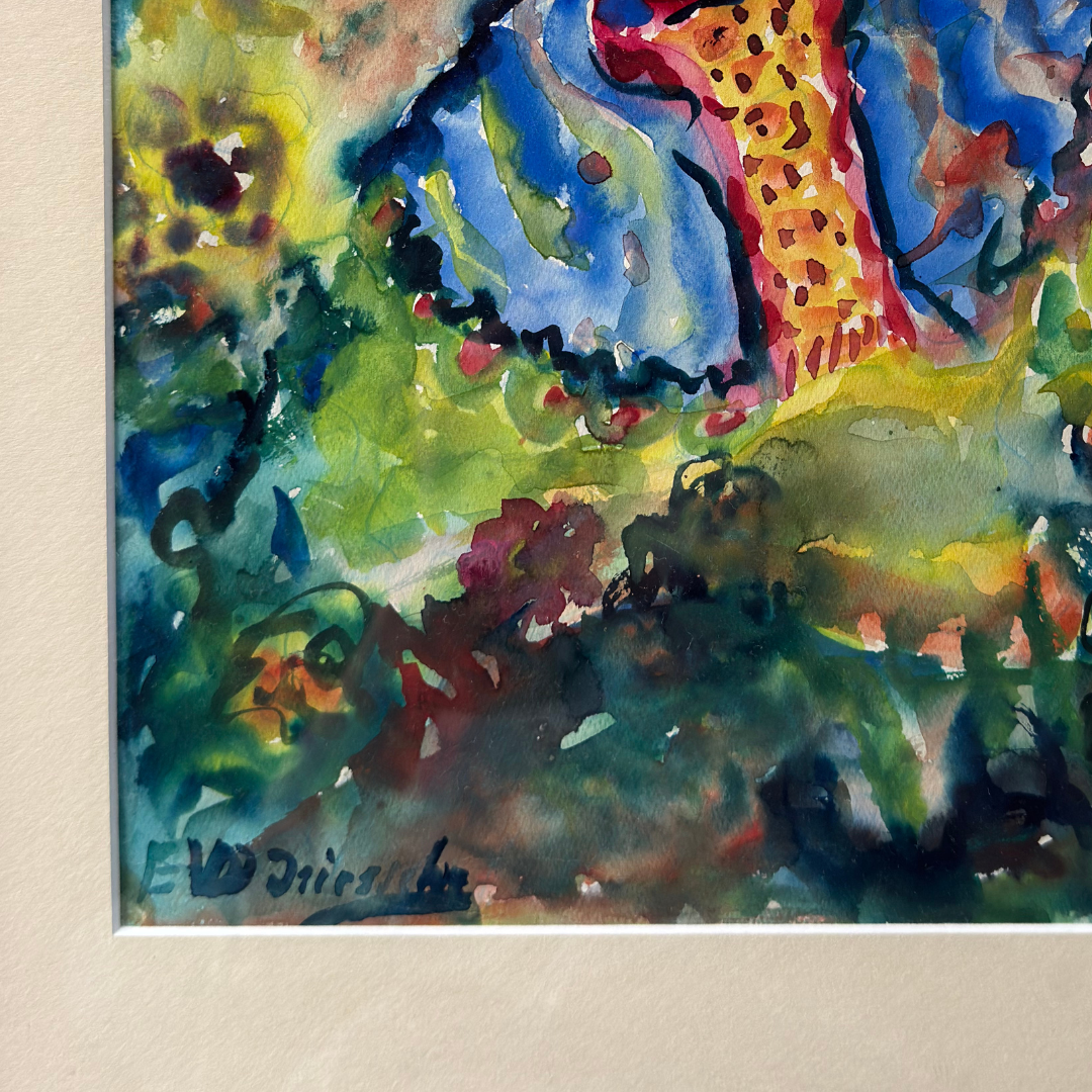 Gesigneerd linksonder: E. V. Driessche, originele signatuur op aquarel uit ca. 1970.