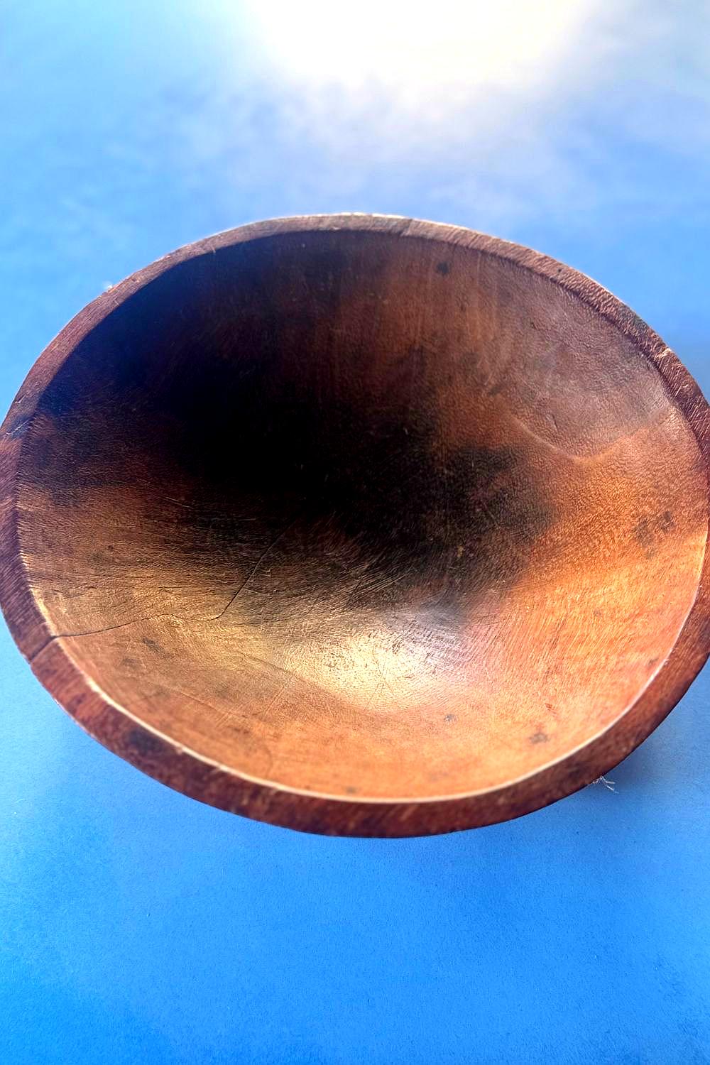 Interior view of vintage Fijian kava bowl, showing beautiful aged patina