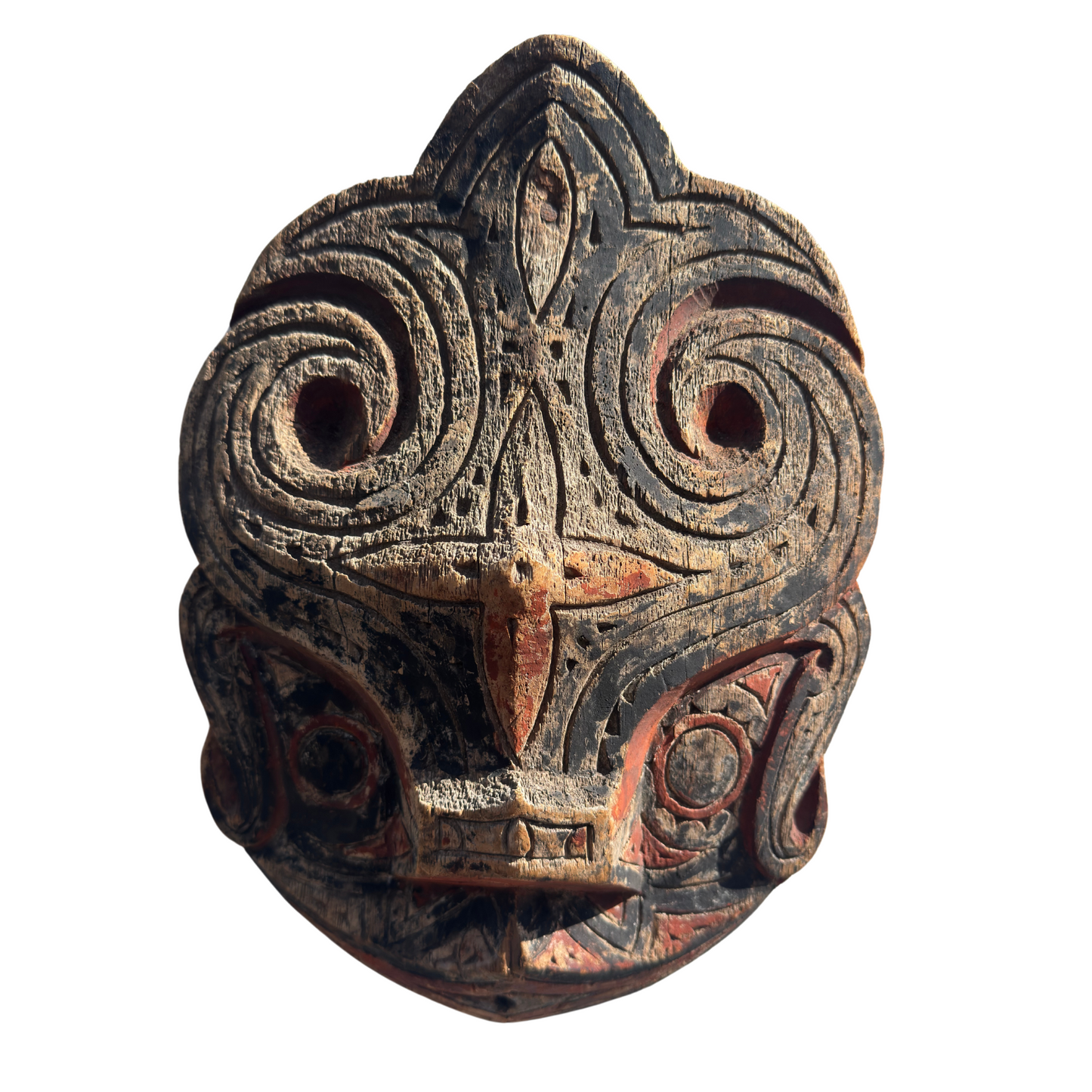 Detail showing natural patina, pigment loss, and fine cracks in the teak wood
