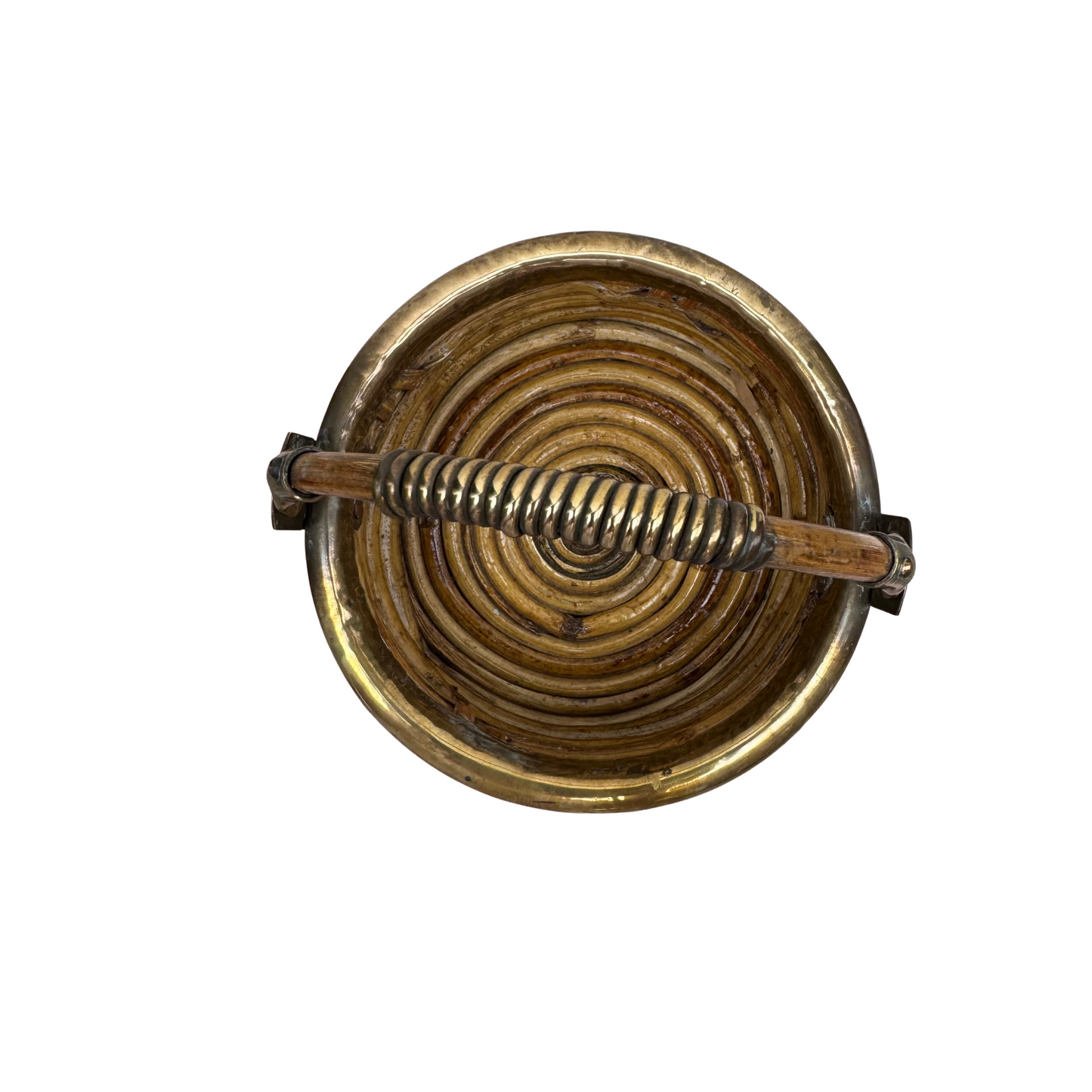 Detail of brass-wrapped handle on rattan basket