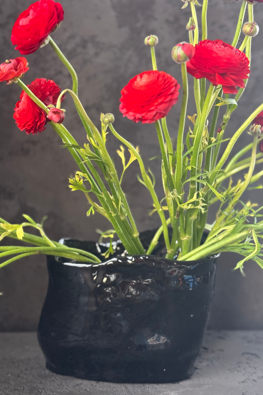 Handmade black ceramic vase by D E L F I N ceramics, featuring an organic shape and deep black glaze.
