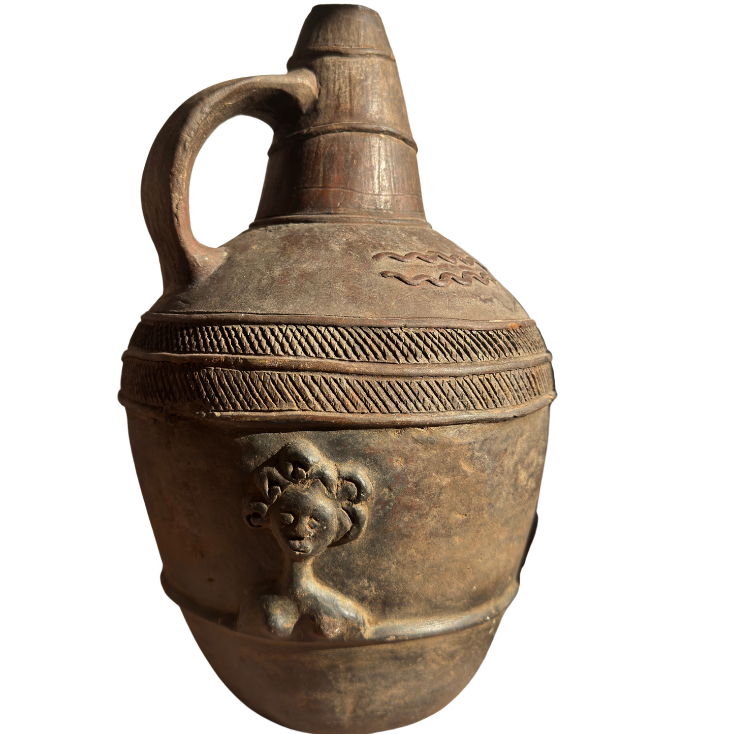 Front view of terracotta jug with applied rider, bust and dancer reliefs