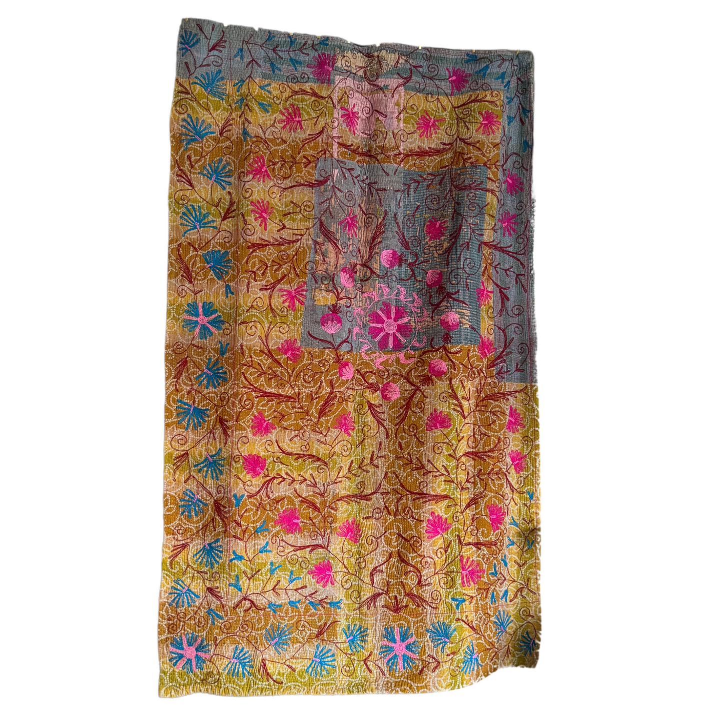 Reverse side of kantha with visible patchwork, intricate florals and bold running stitch