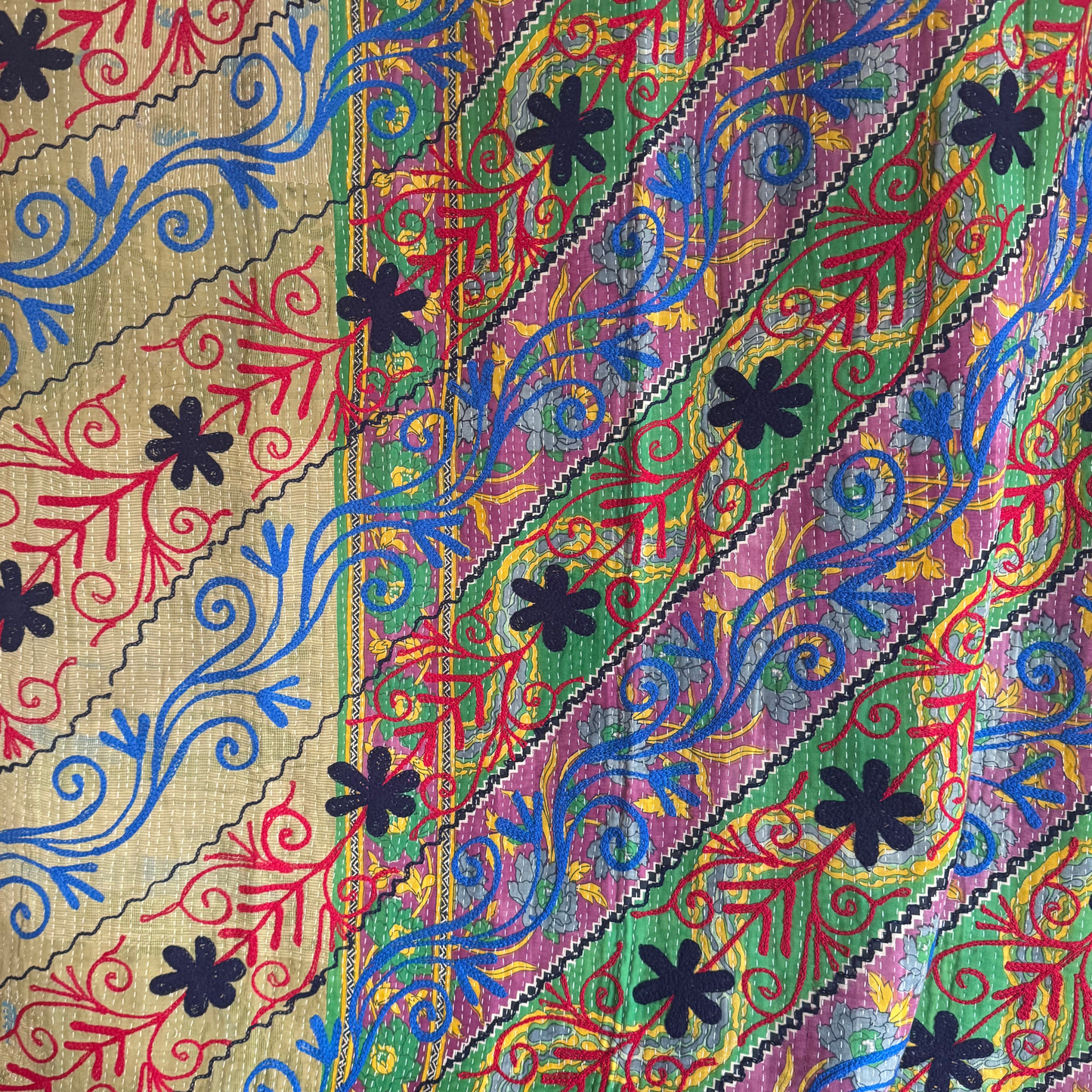 Close-up of black-petaled flowers and red and blue vine embroidery on sari cotton