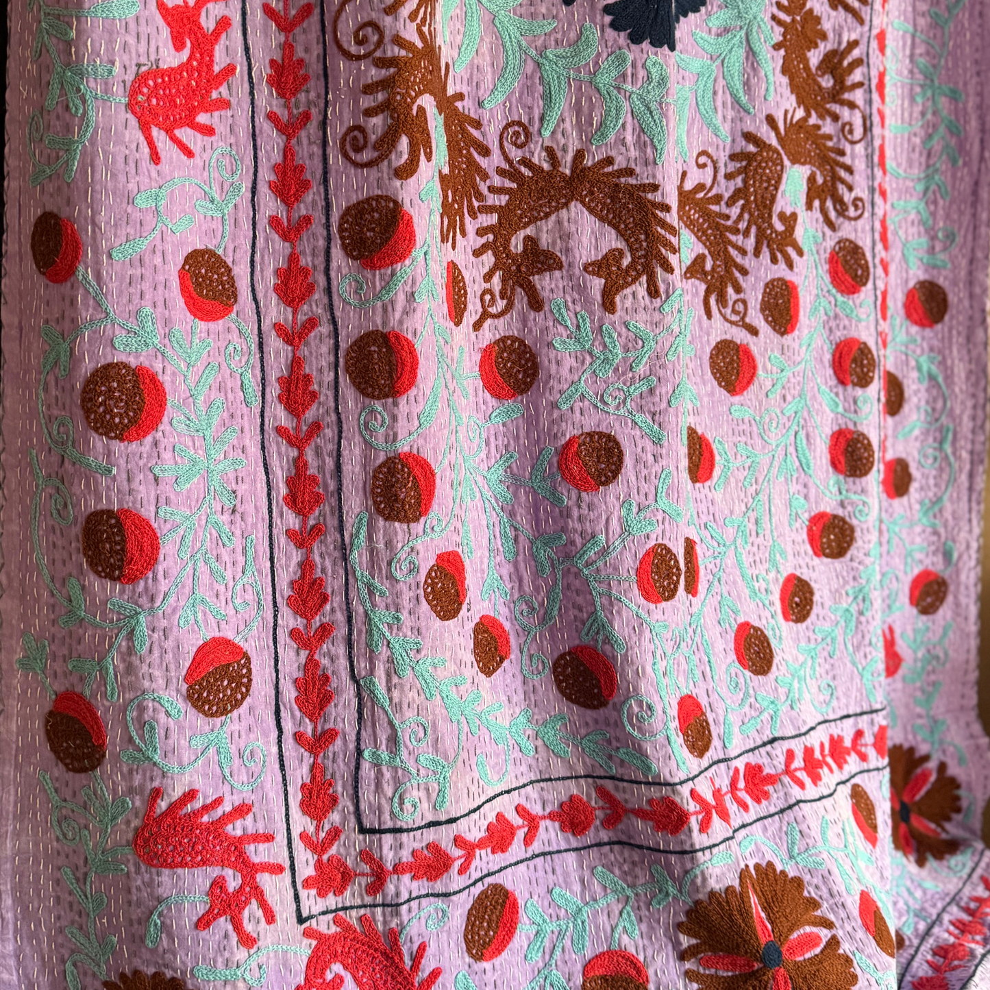 Embroidered kantha textile with round fruit-like patterns and leaf scrolls