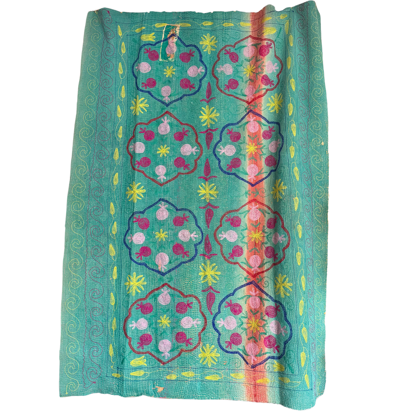Reverse side of hand-stitched 135×172 cm cotton Kantha throw showing mint green vine scrolls