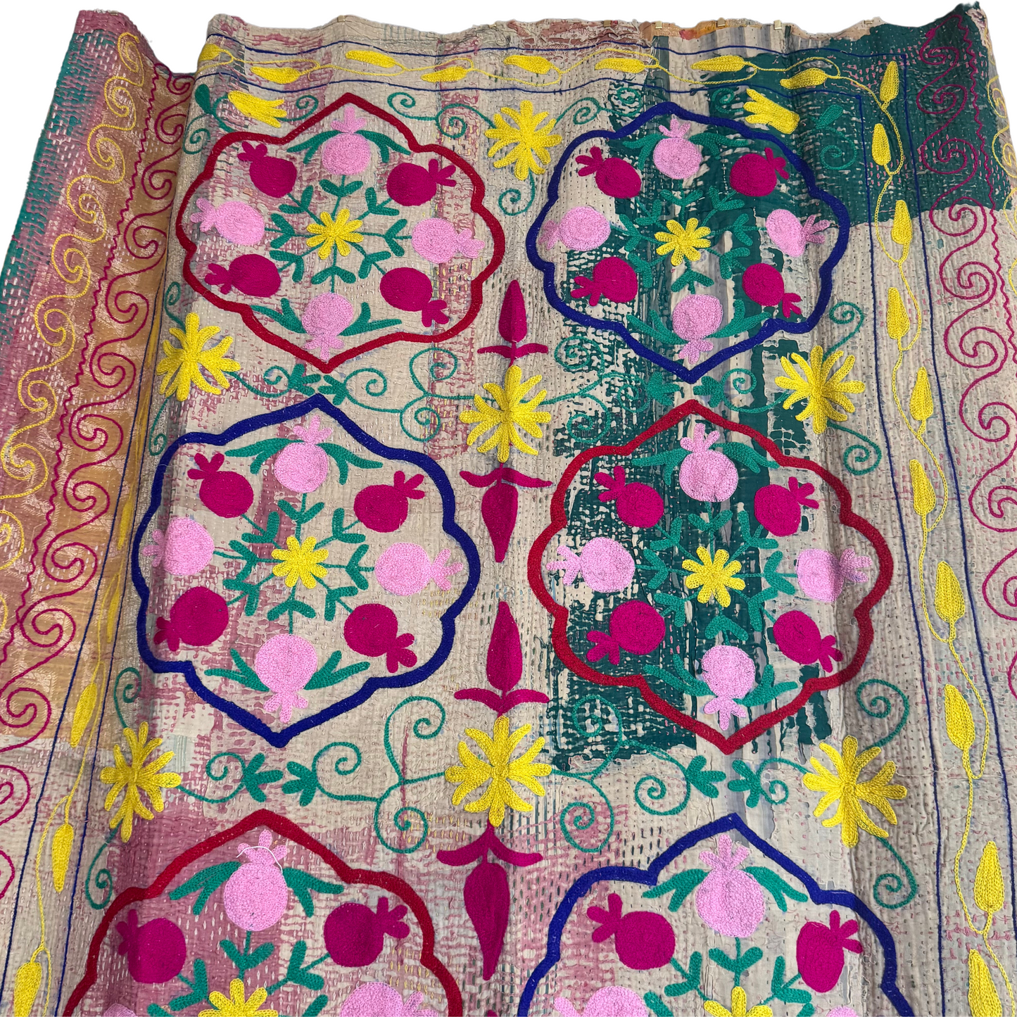 Detail of layered running-stitches in yellow and teal revealing sari scrap texture