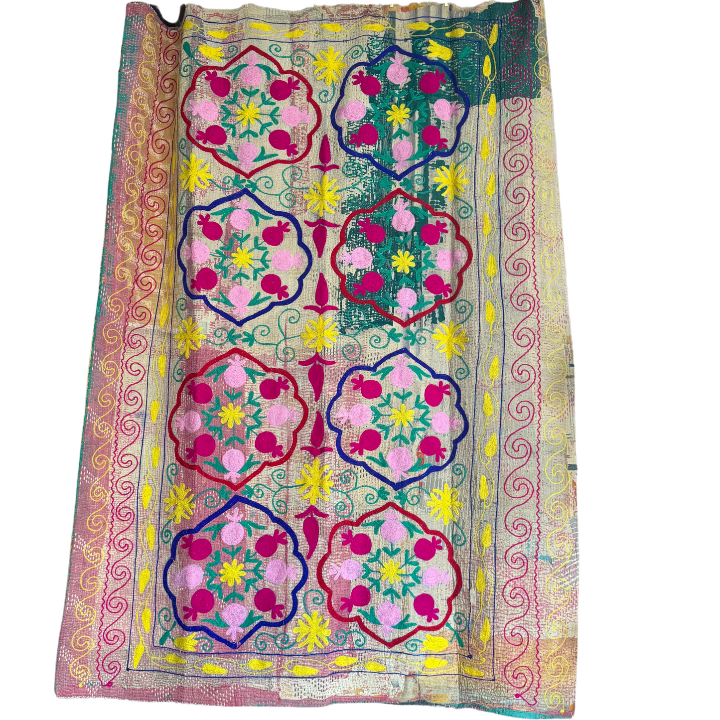 Front view of hand-stitched teal, fuchsia & yellow cotton Kantha quilt throw 135×172 cm, reversible artisan décor”