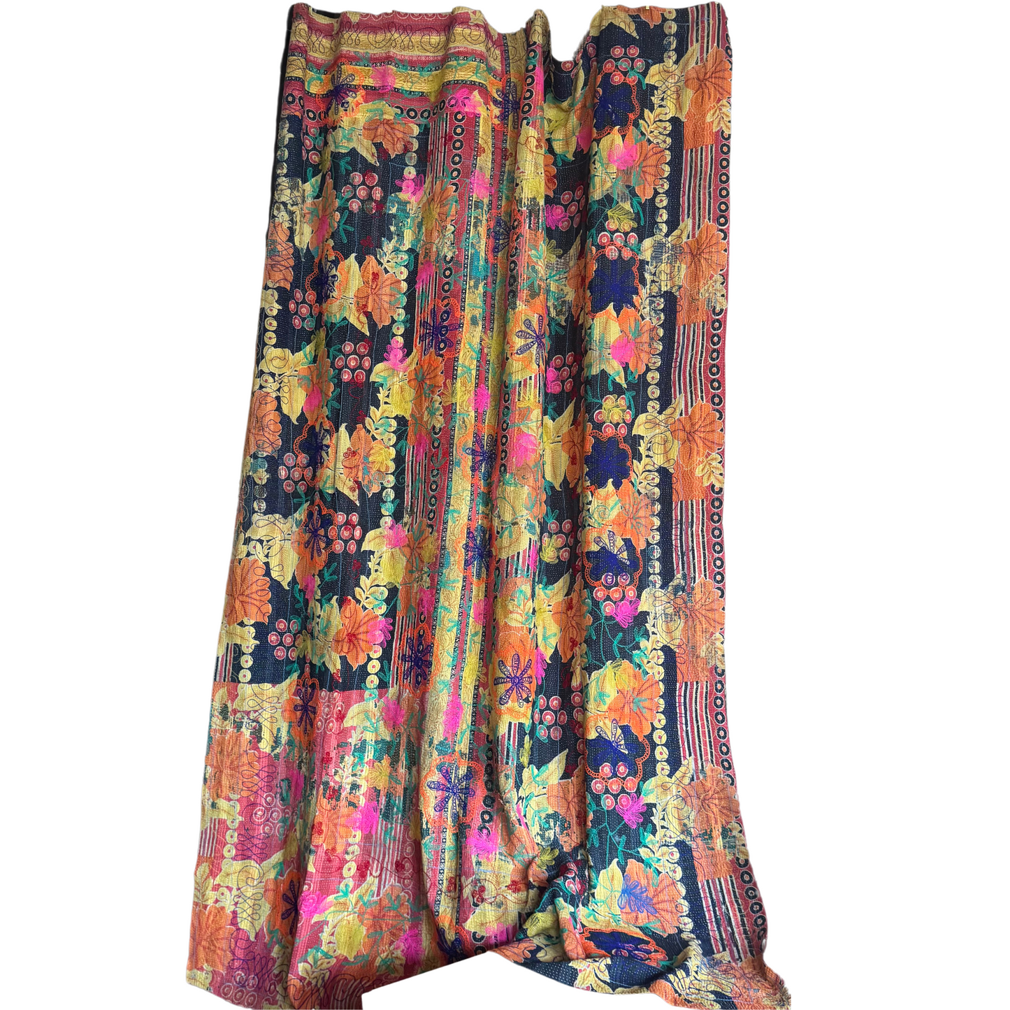 Reverse side of hand-stitched 171×250 cm cotton Kantha quilt throw, showcasing teal and navy-blue motifs