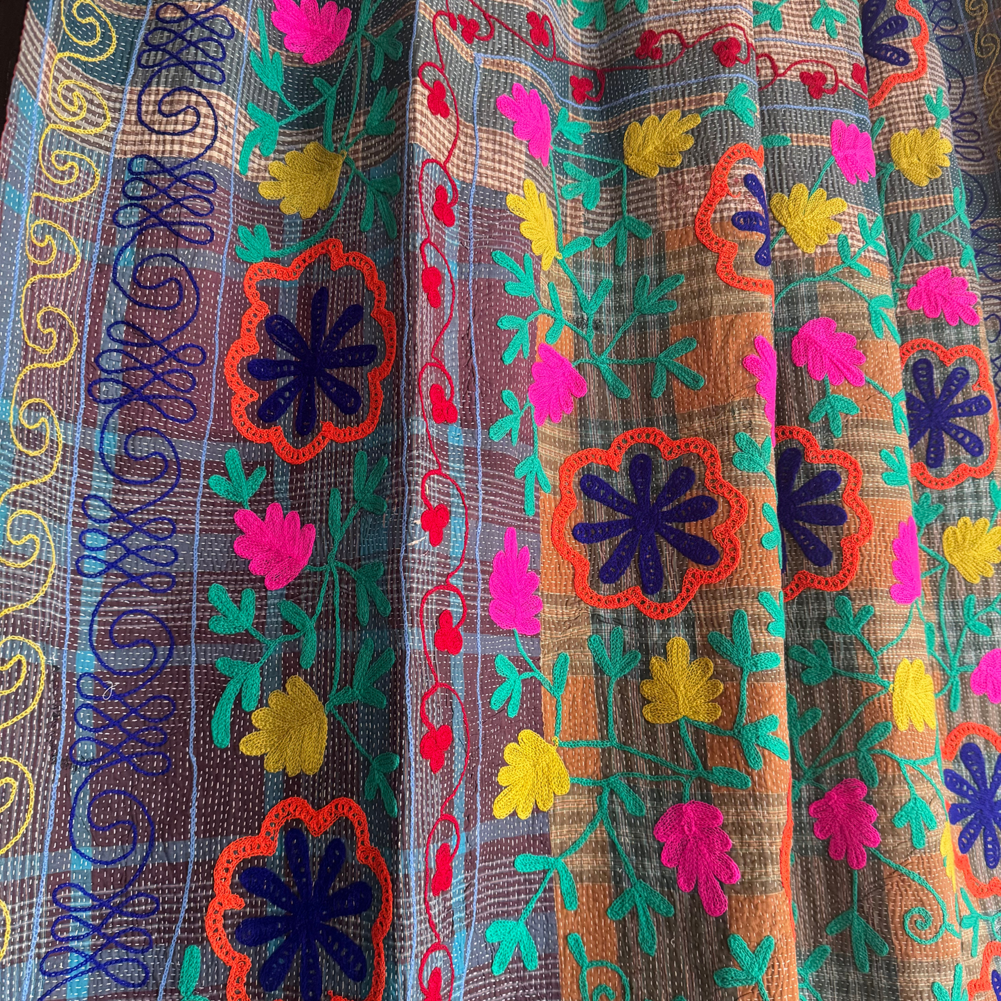Detail of layered teal and olive running-stitches on ivory-sari scrap Kantha quilt throw