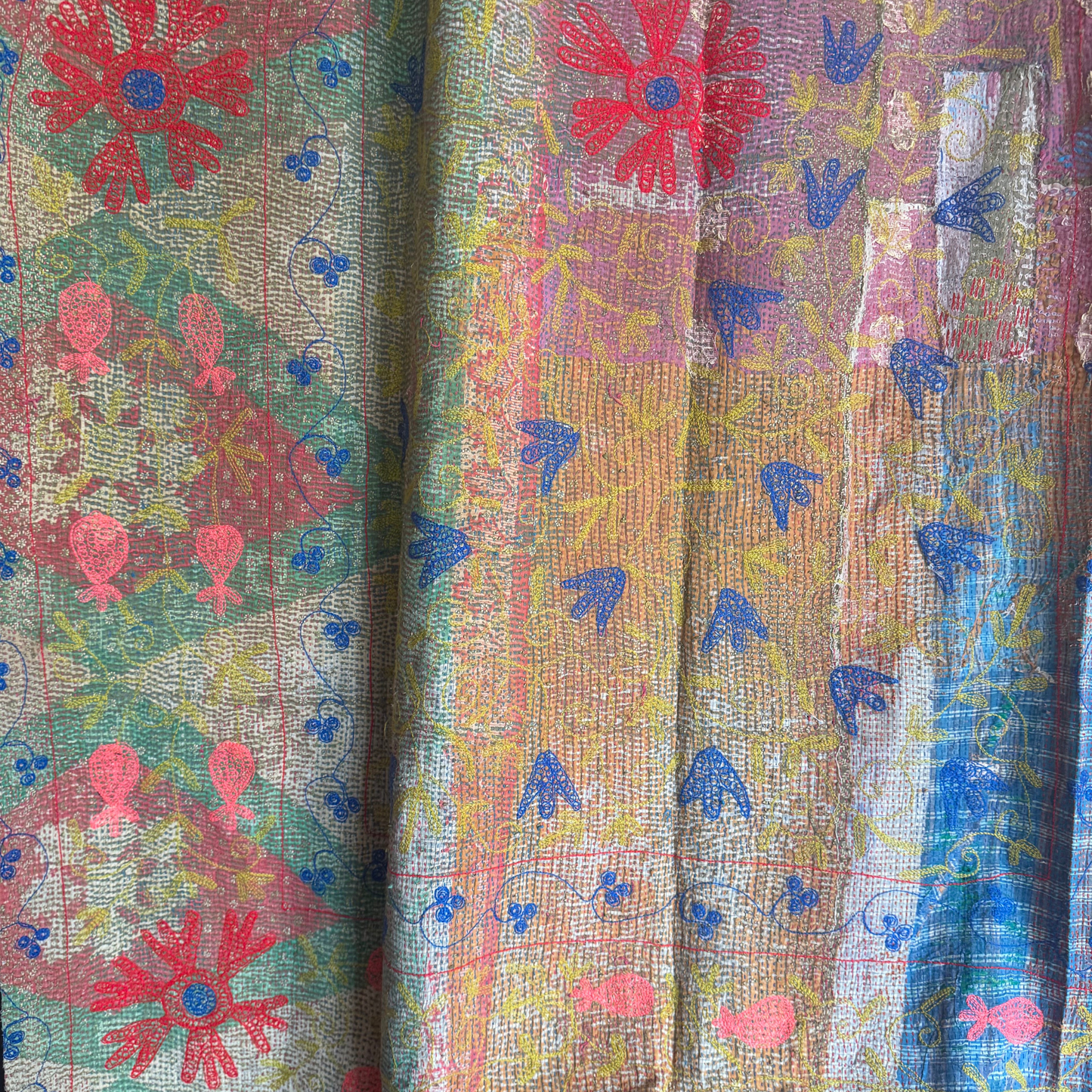 Close-up of layered chartreuse and coral running-stitches revealing sari scrap textures