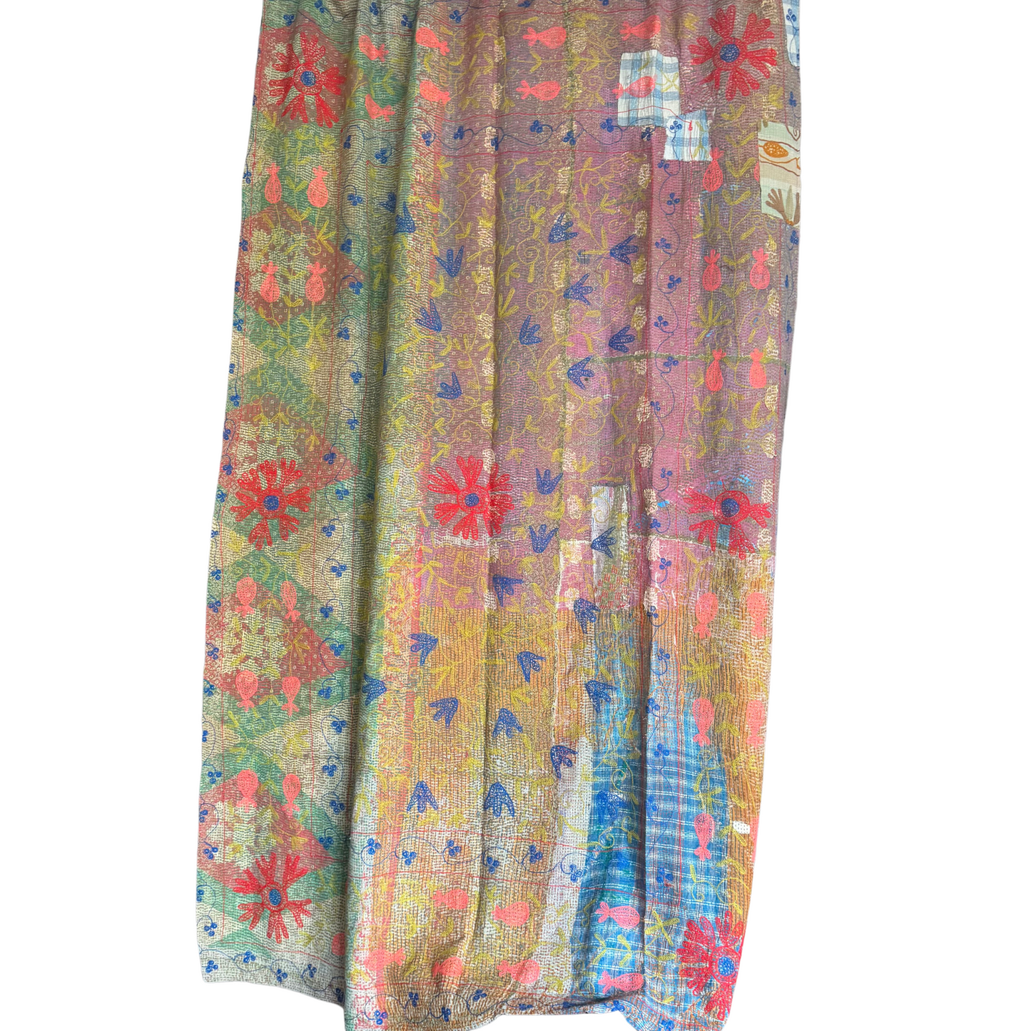 Reverse side of hand-stitched 220×145 cm cotton Kantha quilt throw showcasing chartreuse and cobalt motifs