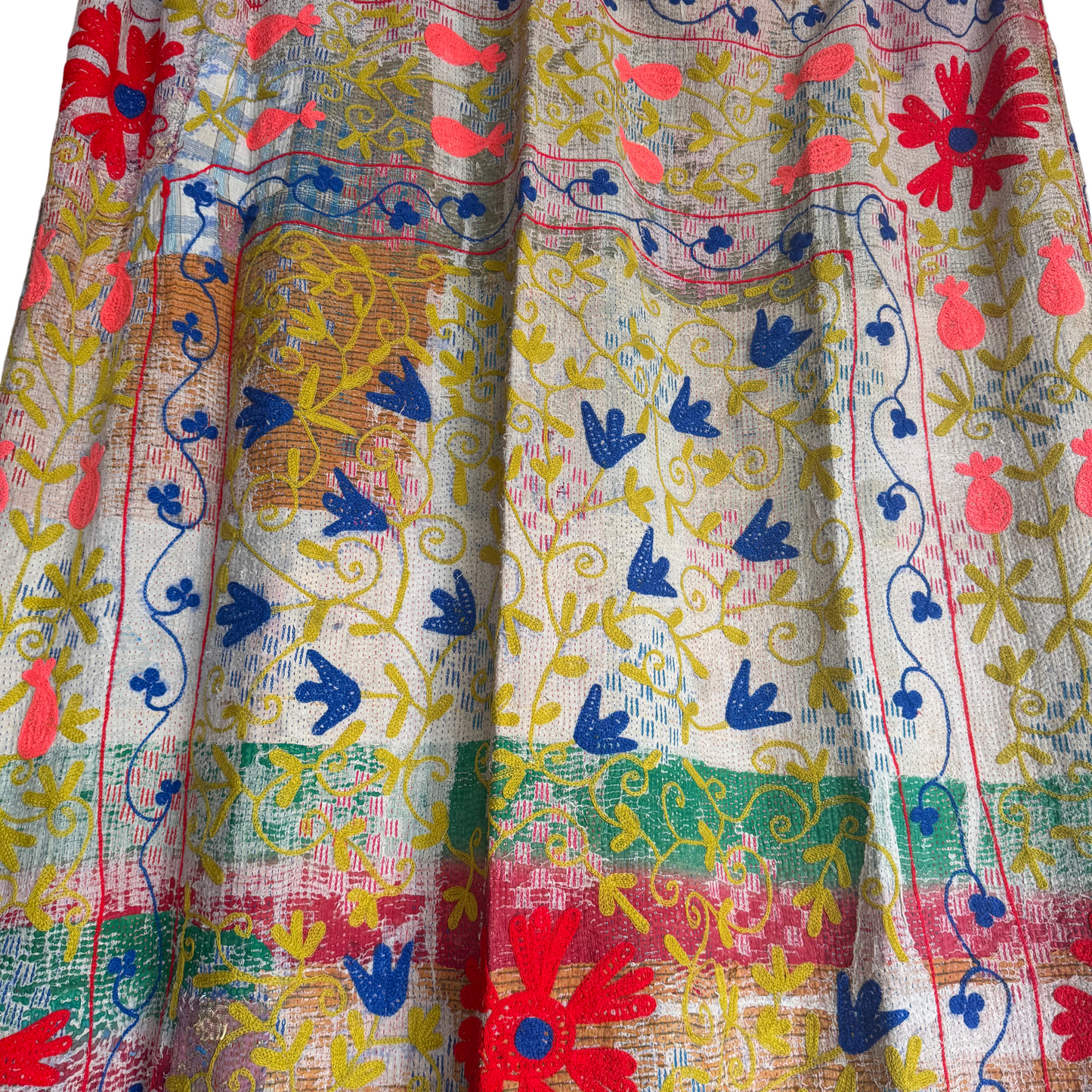 Detail of scalloped border running-stitch in coral and blue on cream-gold Kantha quilt throw
