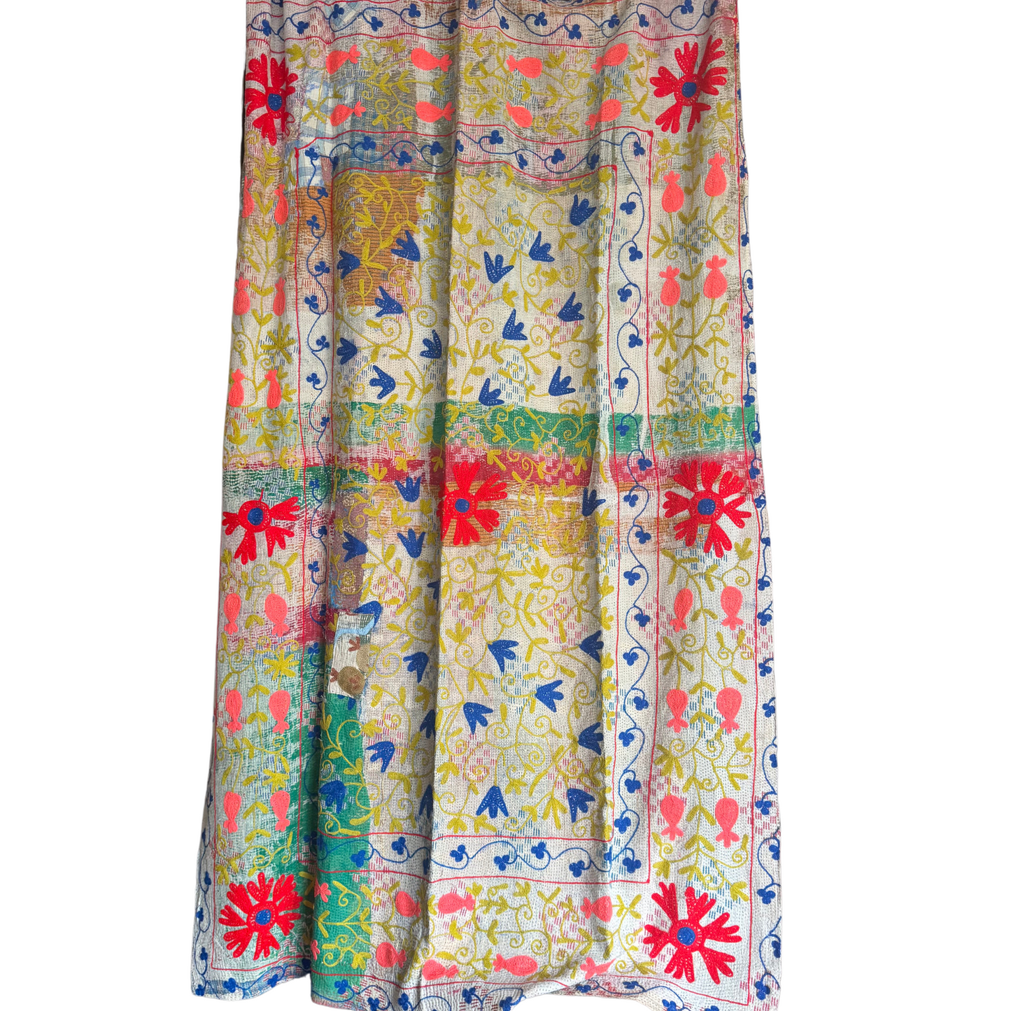 Front view of hand-stitched neon-coral, chartreuse & cobalt cotton Kantha quilt throw 220×145 cm, reversible boho decor