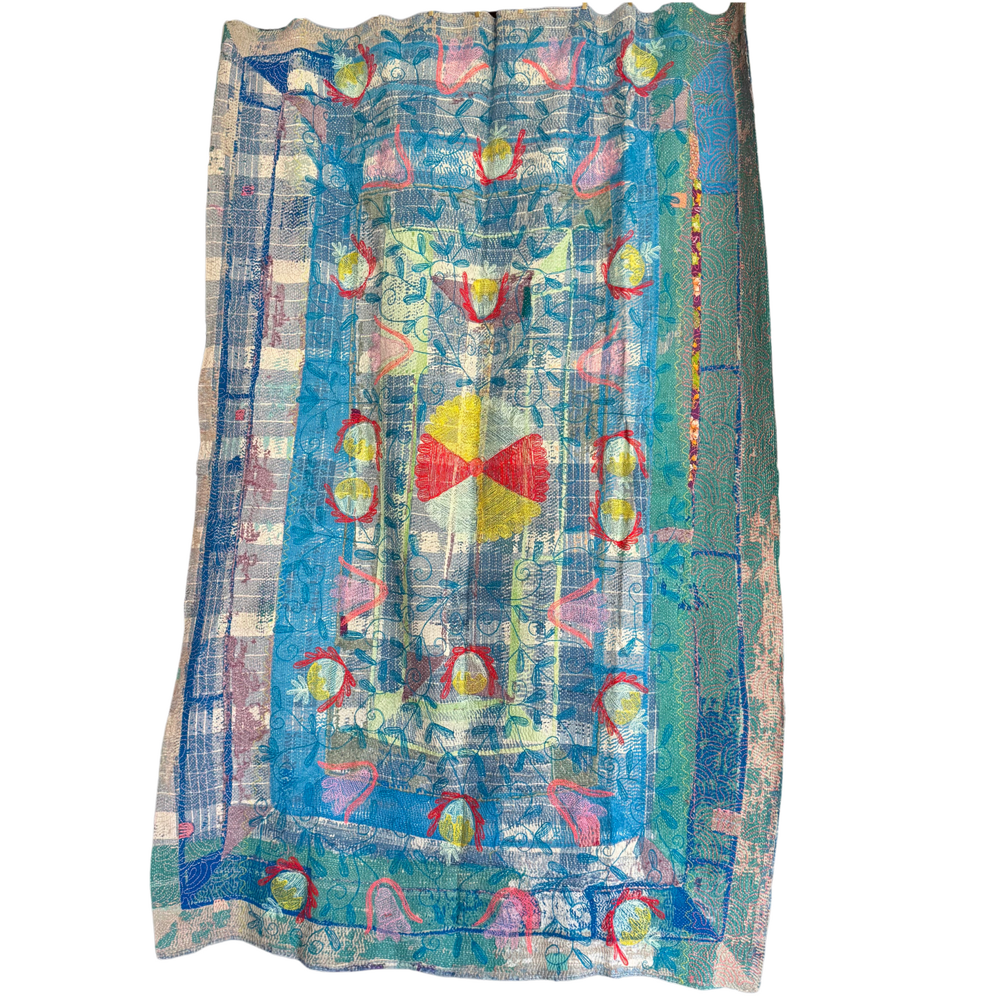 Reverse side of hand-stitched teal & coral cotton Kantha quilt throw, reversible artisan blanket