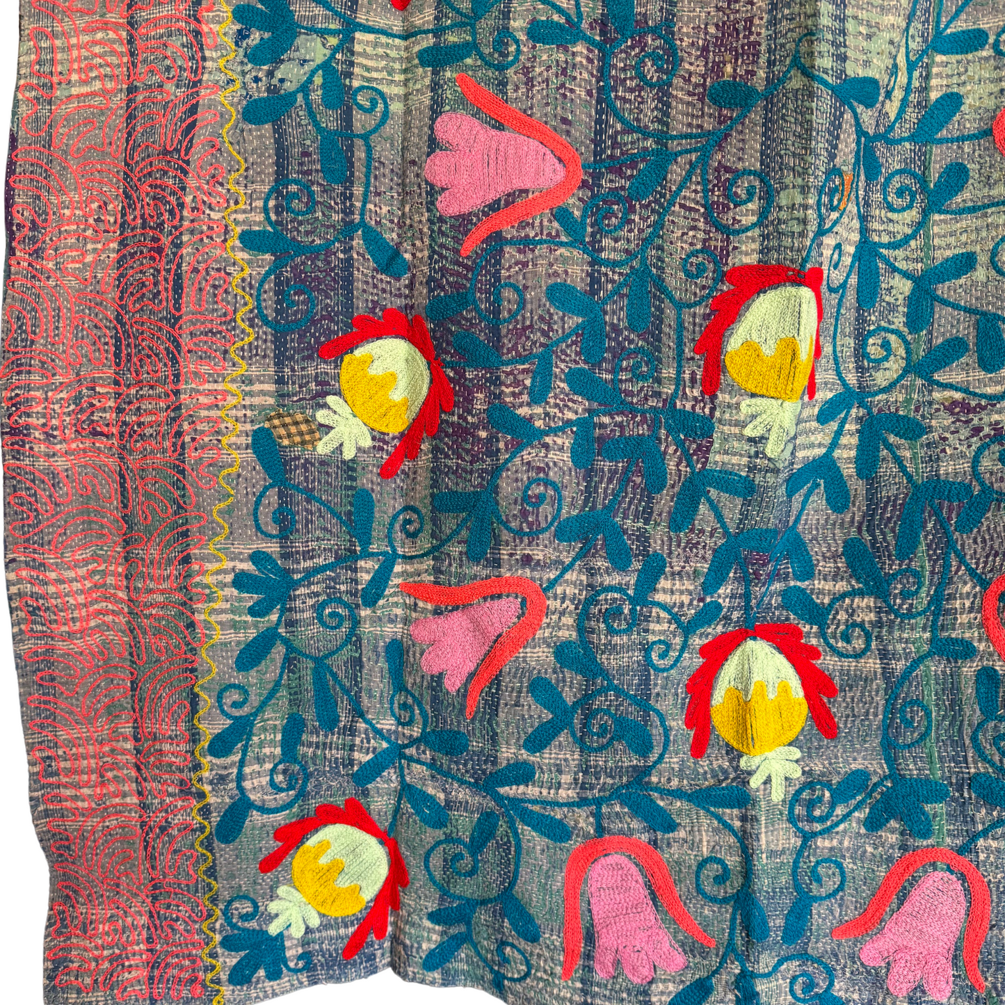 Front view of hand-stitched teal, coral & yellow cotton Kantha quilt throw, reversible boho home decor.