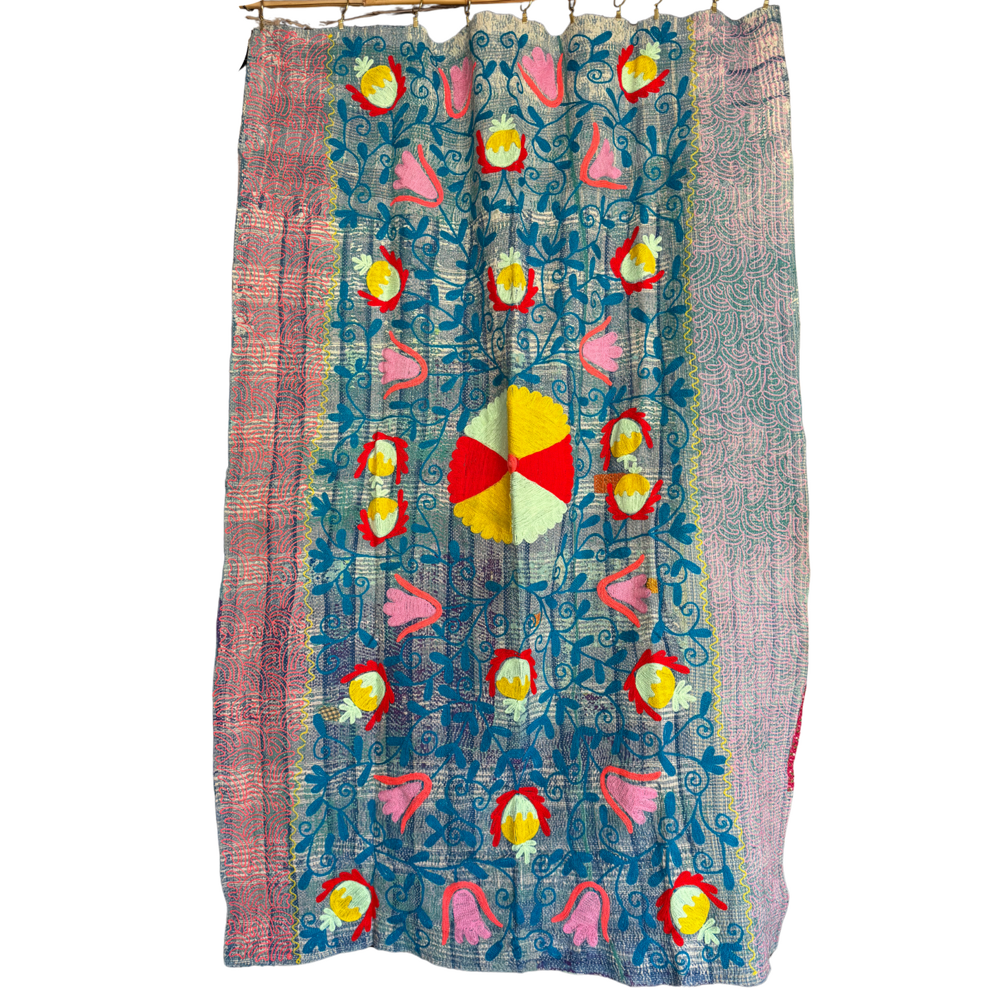 Front view of hand-stitched teal, coral & yellow cotton Kantha quilt throw, reversible boho home decor.