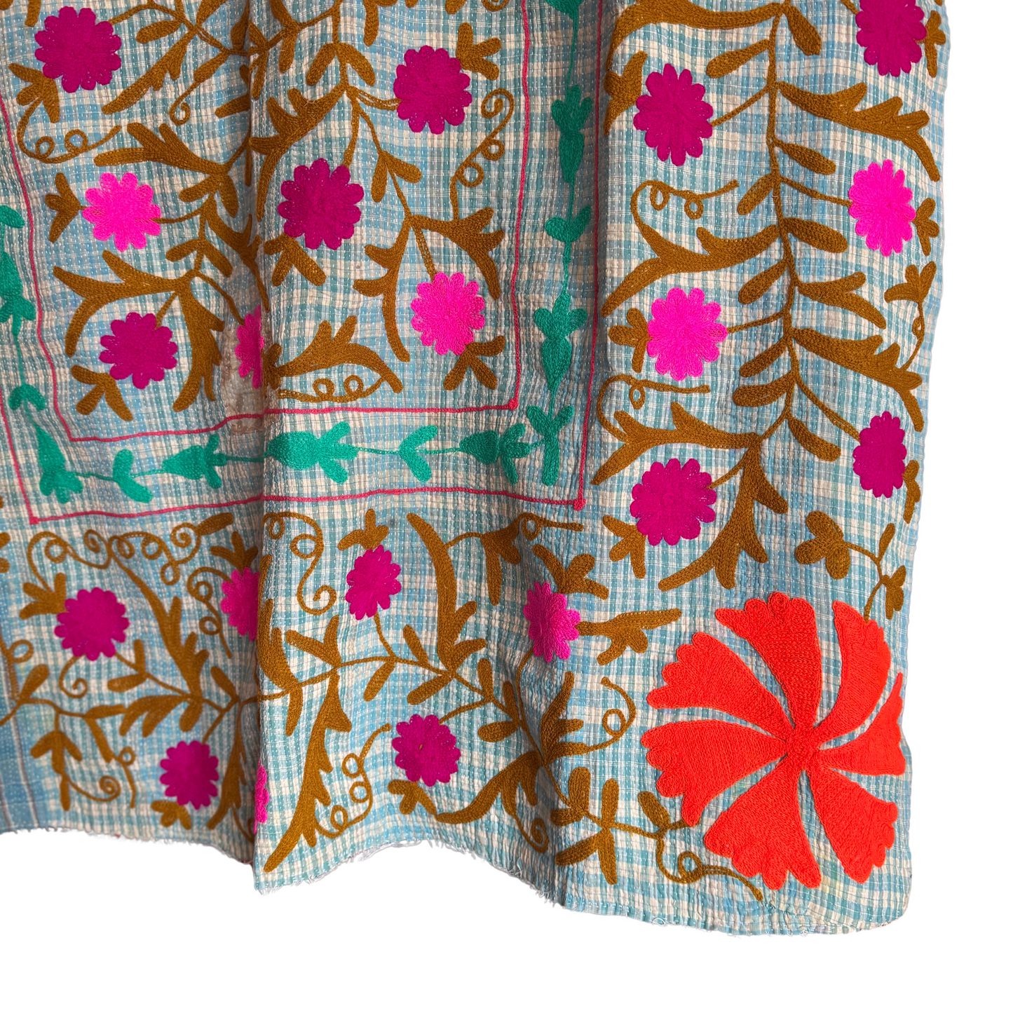 Close-up of dense chain-stitch embroidery on checked front