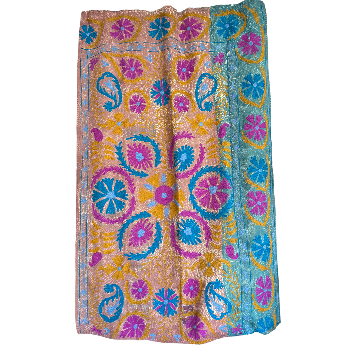 Detail showing layered sari scraps and muted running stitches adding texture to the kantha