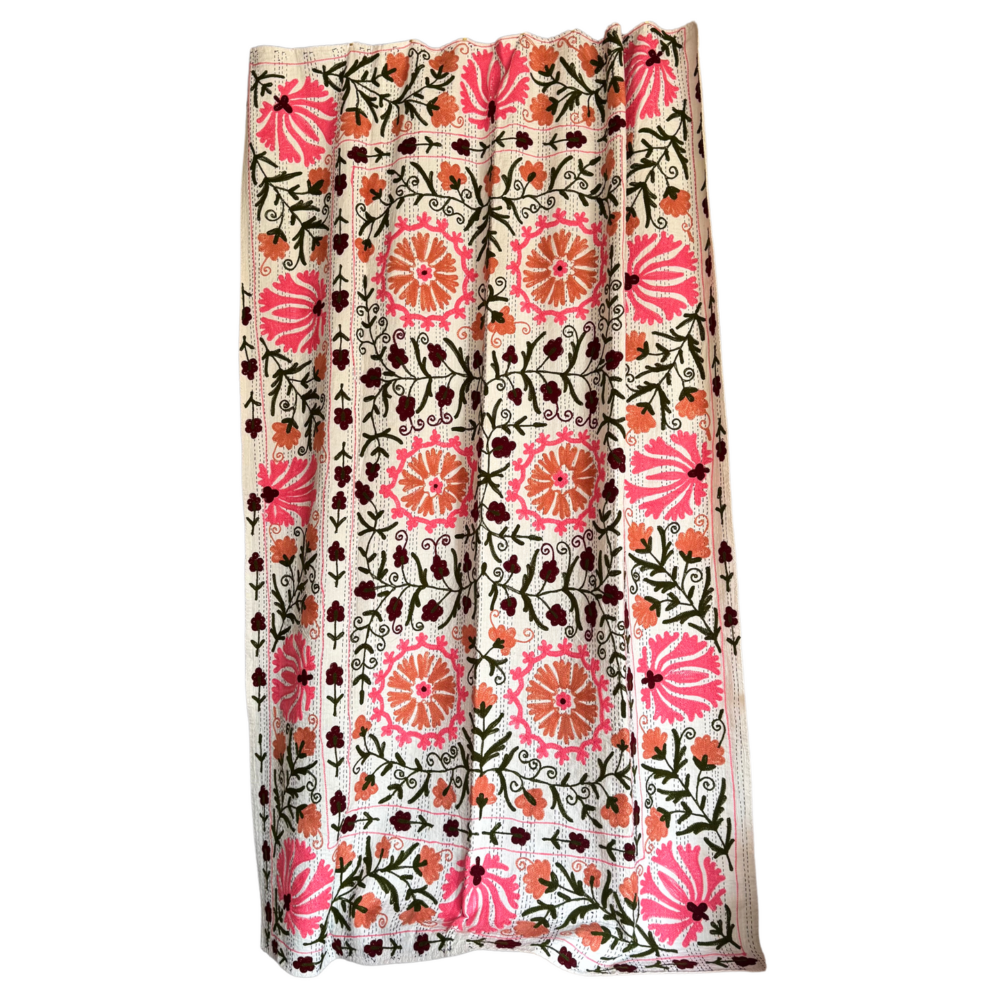 Full view of kantha on white ground with fuchsia-pink and bordeaux floral medallions framed by dark-blue and white vine stitches