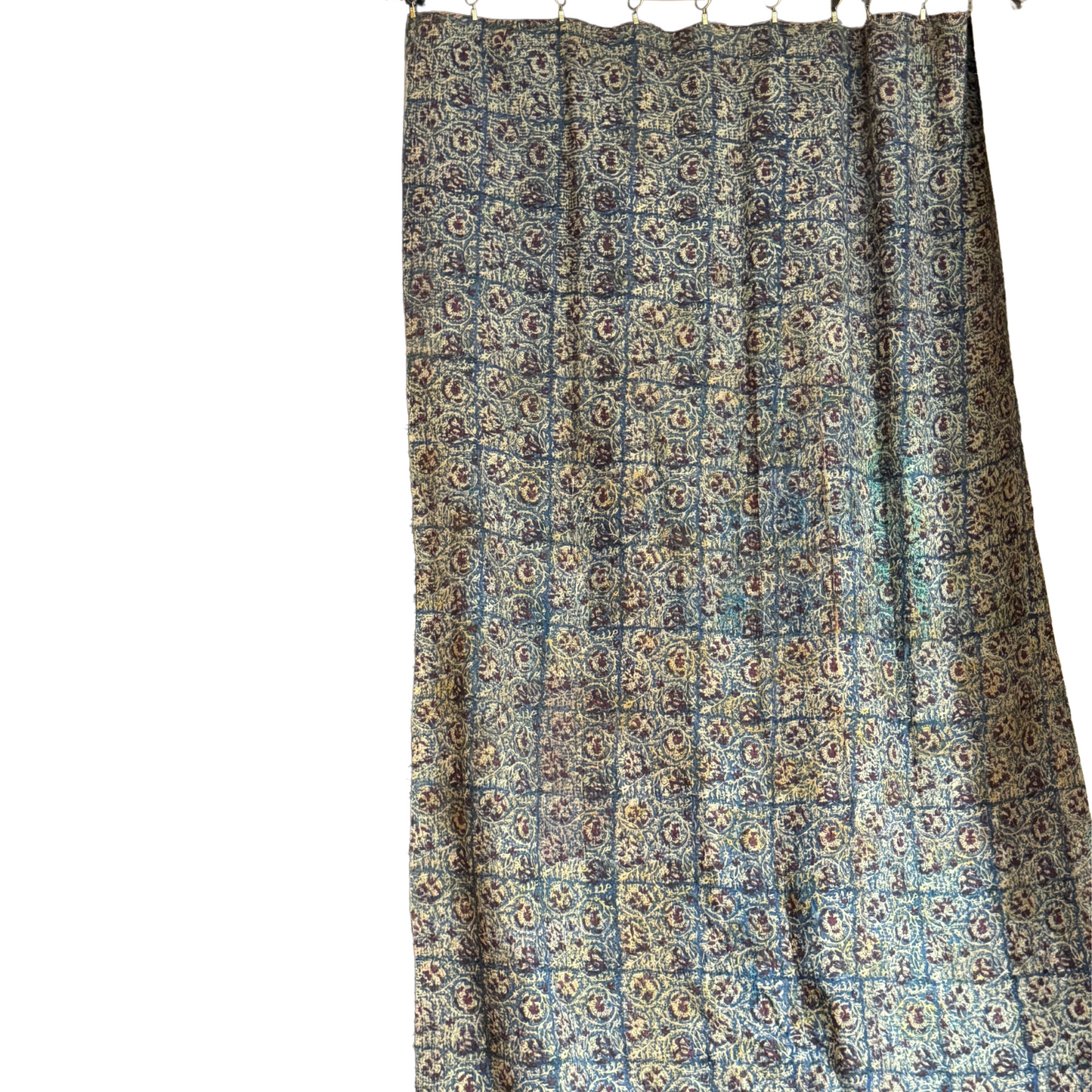 Full view of kantha reverse side with deep indigo floral block print on cotton base