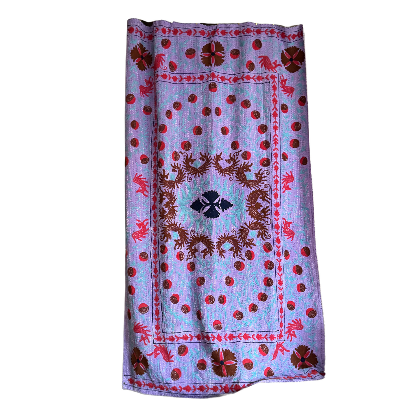 Full view of hand-stitched kantha with lavender cotton base and red, brown, and aqua embroidery