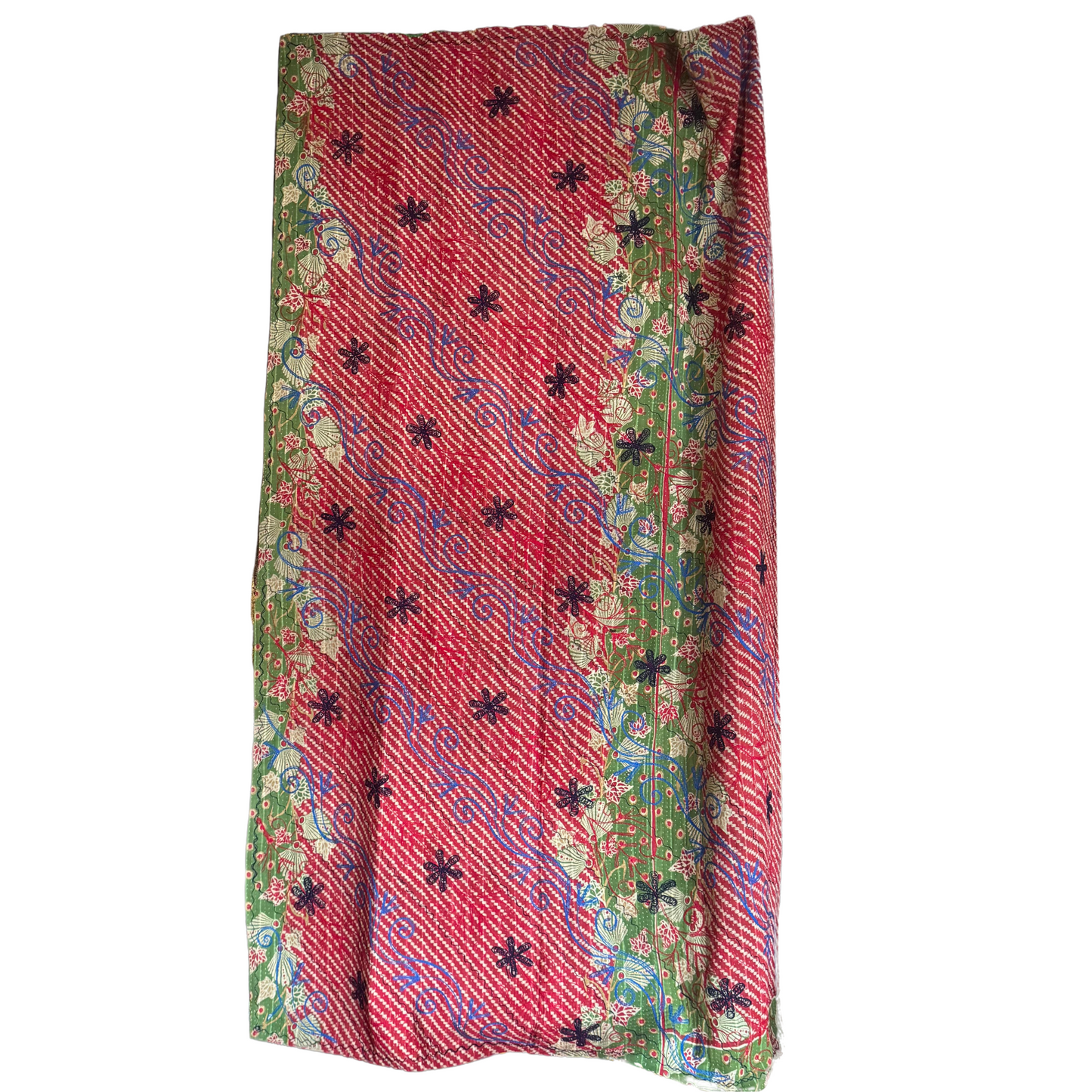 Embroidered scrollwork on olive-gold sari ground with fine kantha stitching