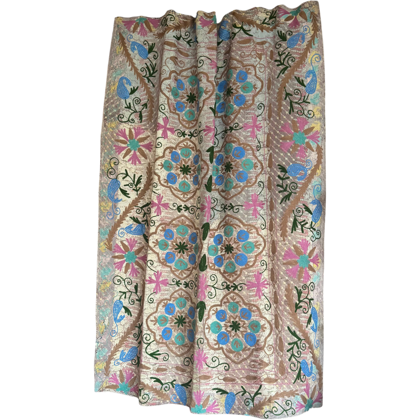 Full view of 145×200 cm kantha textile with ivory-cream base, pastel washes, and central turquoise and brown floral medallions