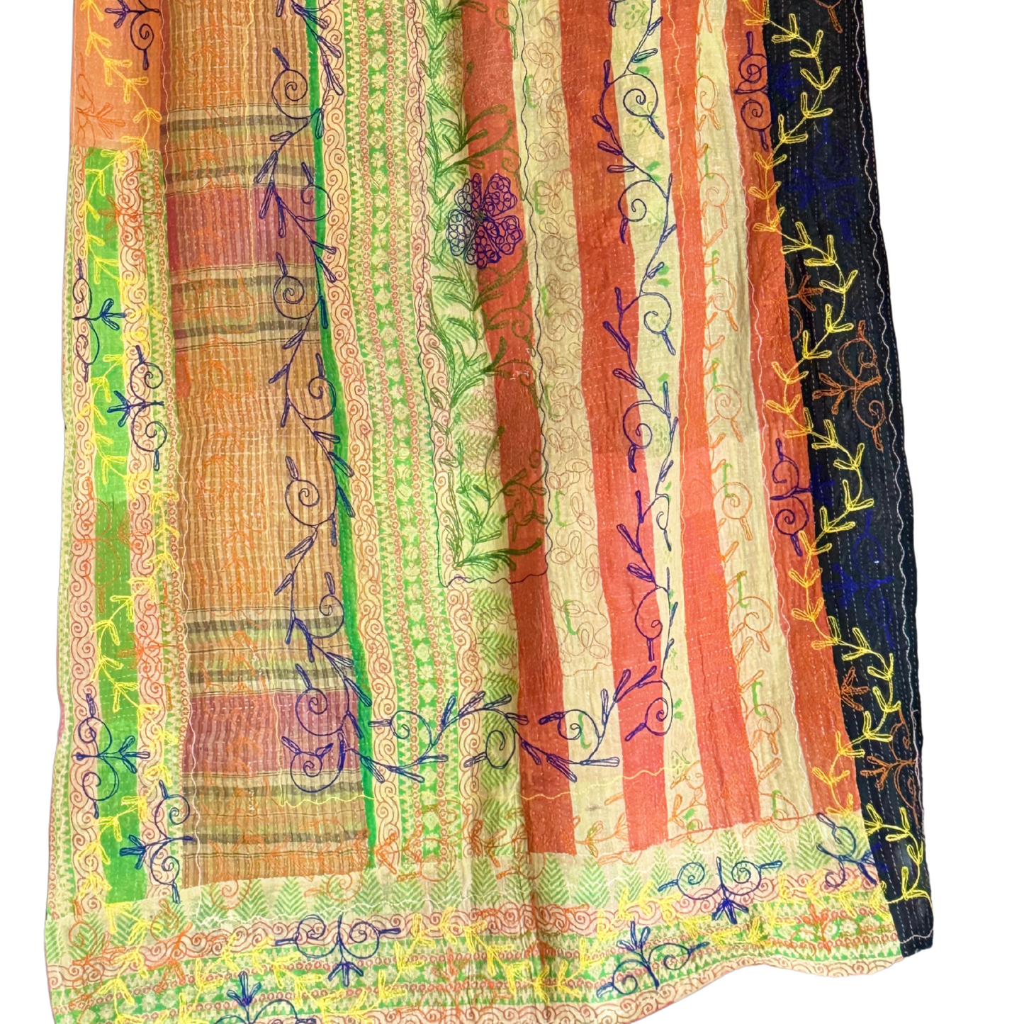 Kantha throw with intricate border embroidery in green and pink hues