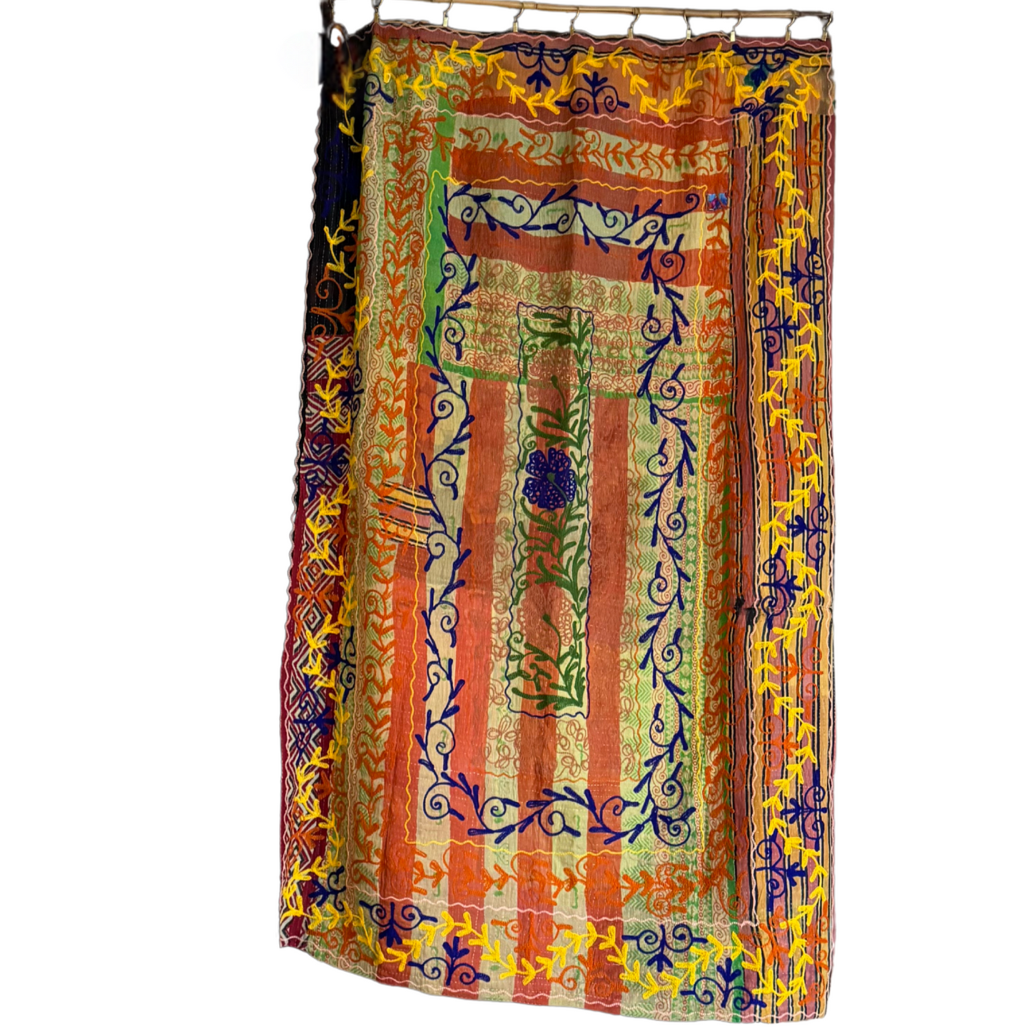 Reverse side of kantha throw with striped sari patchwork in warm tones