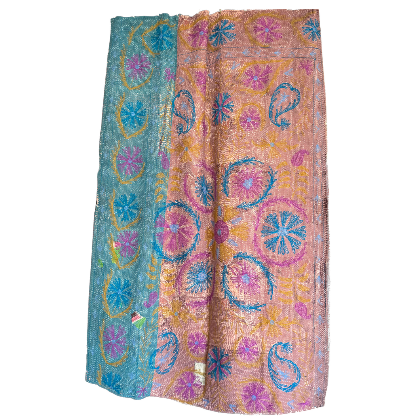 Reverse side of textile with charcoal stem-and-leaf block print on cream, accented by hand-stitches