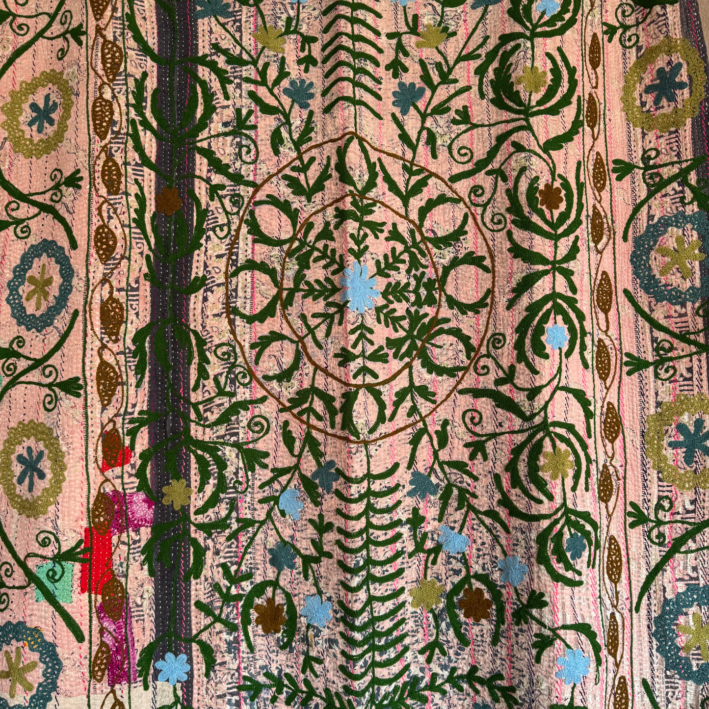 Reverse side of kantha textile with dense vine print and stitched detailing