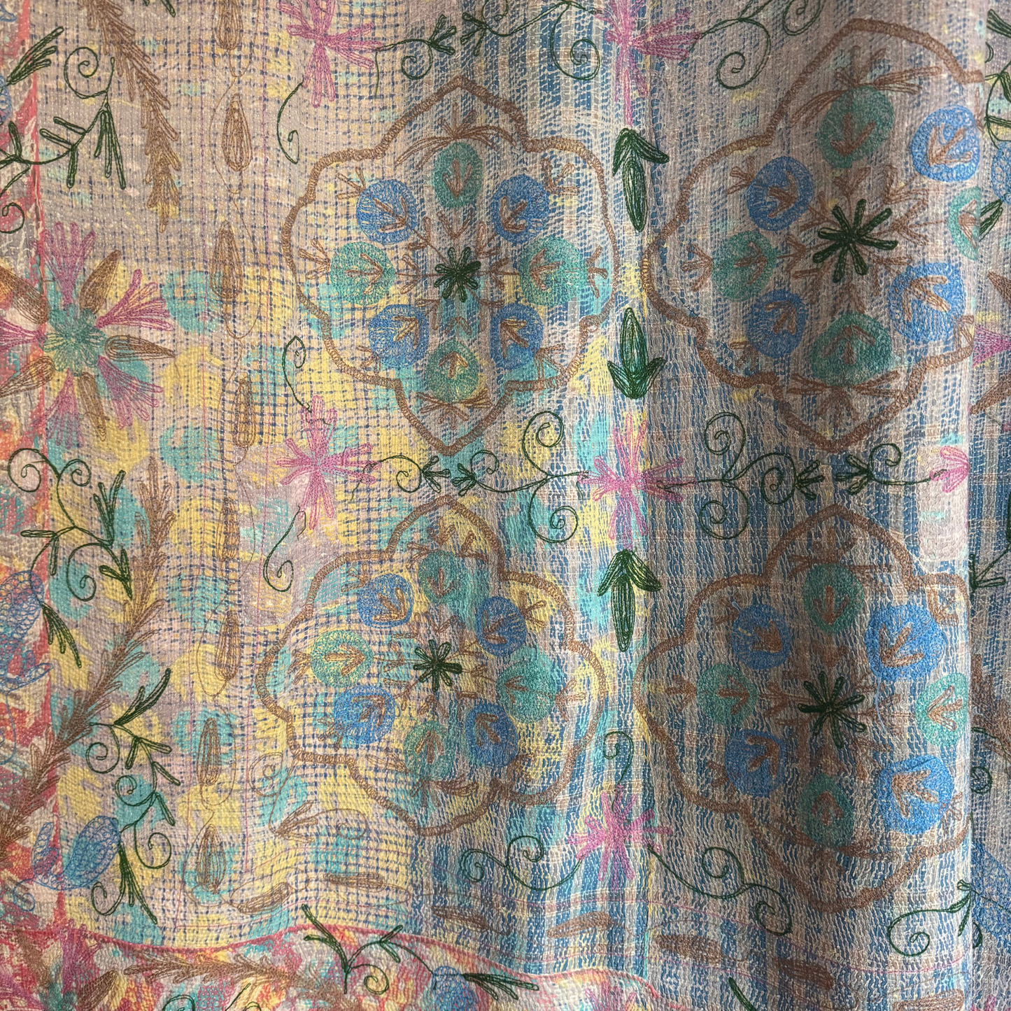 Reverse side of kantha revealing soft brushwork, hand stitching, and layered sari-cotton textures